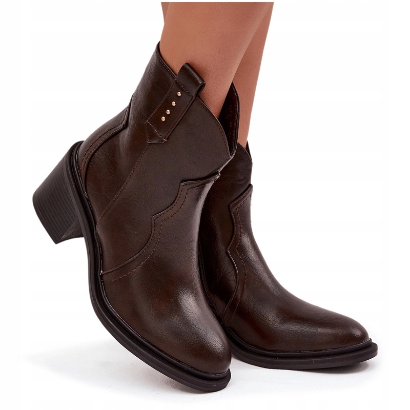 Dámské Kotníkové Boty Eko Kožené Na Masivním Podpatku Kovbojské Boty Čokoládové 39