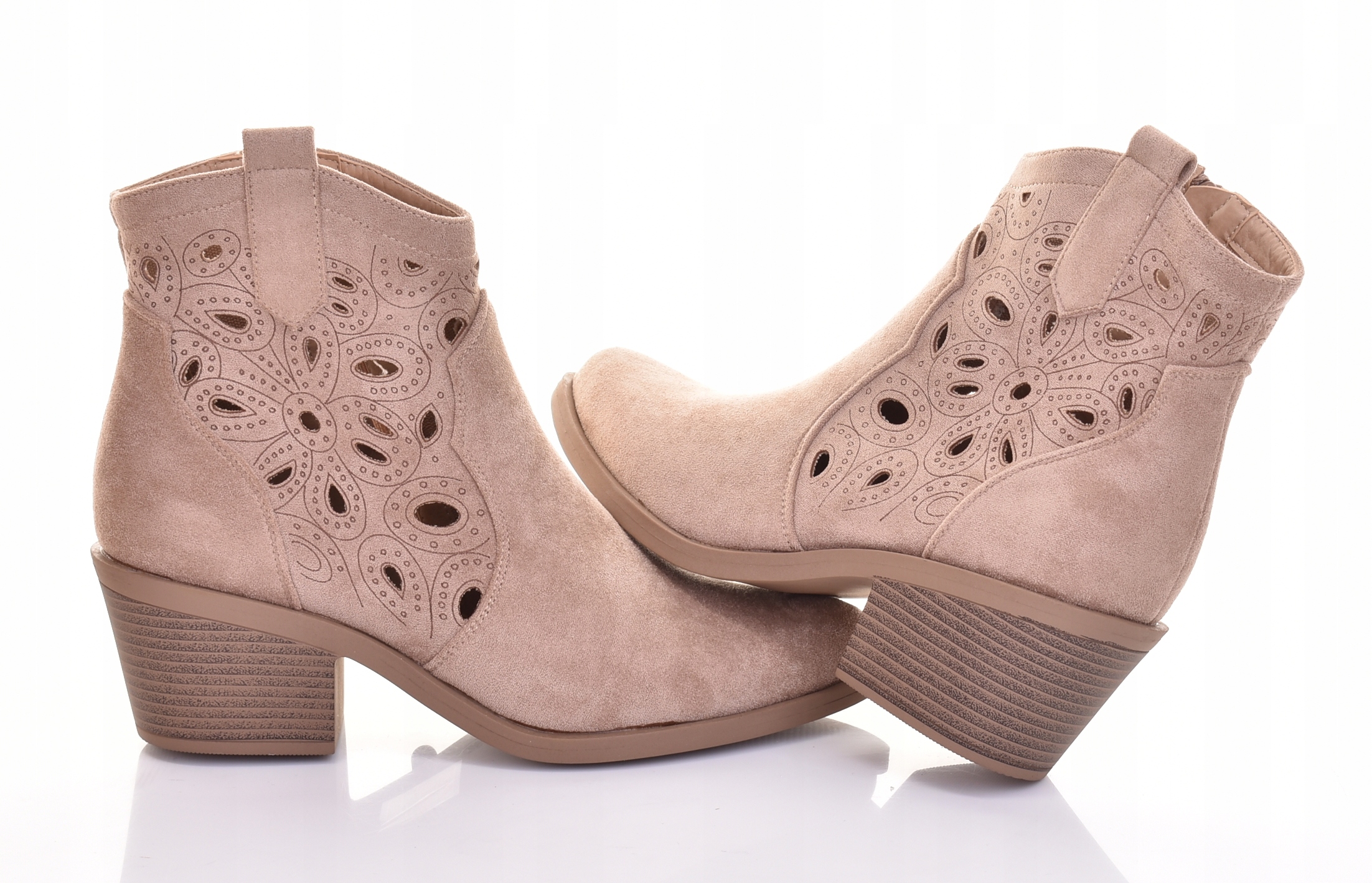 Klasyczne Damskie Botki Zamszowe Ażurowe Płaski Obcas Modne