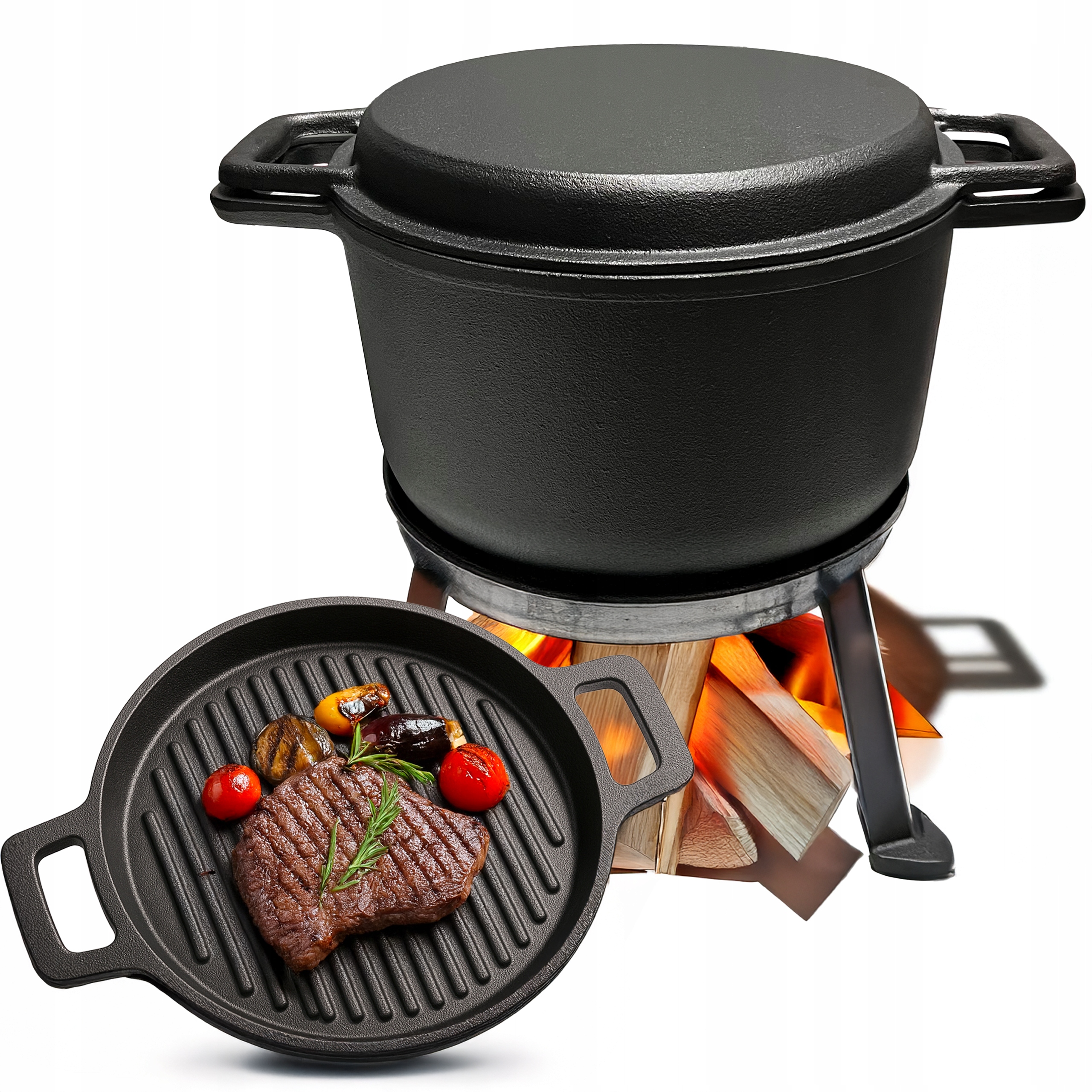 Kociołek Żeliwny Myśliwski Patelnia Garnek 7L 3w1 Ognisko Grill
