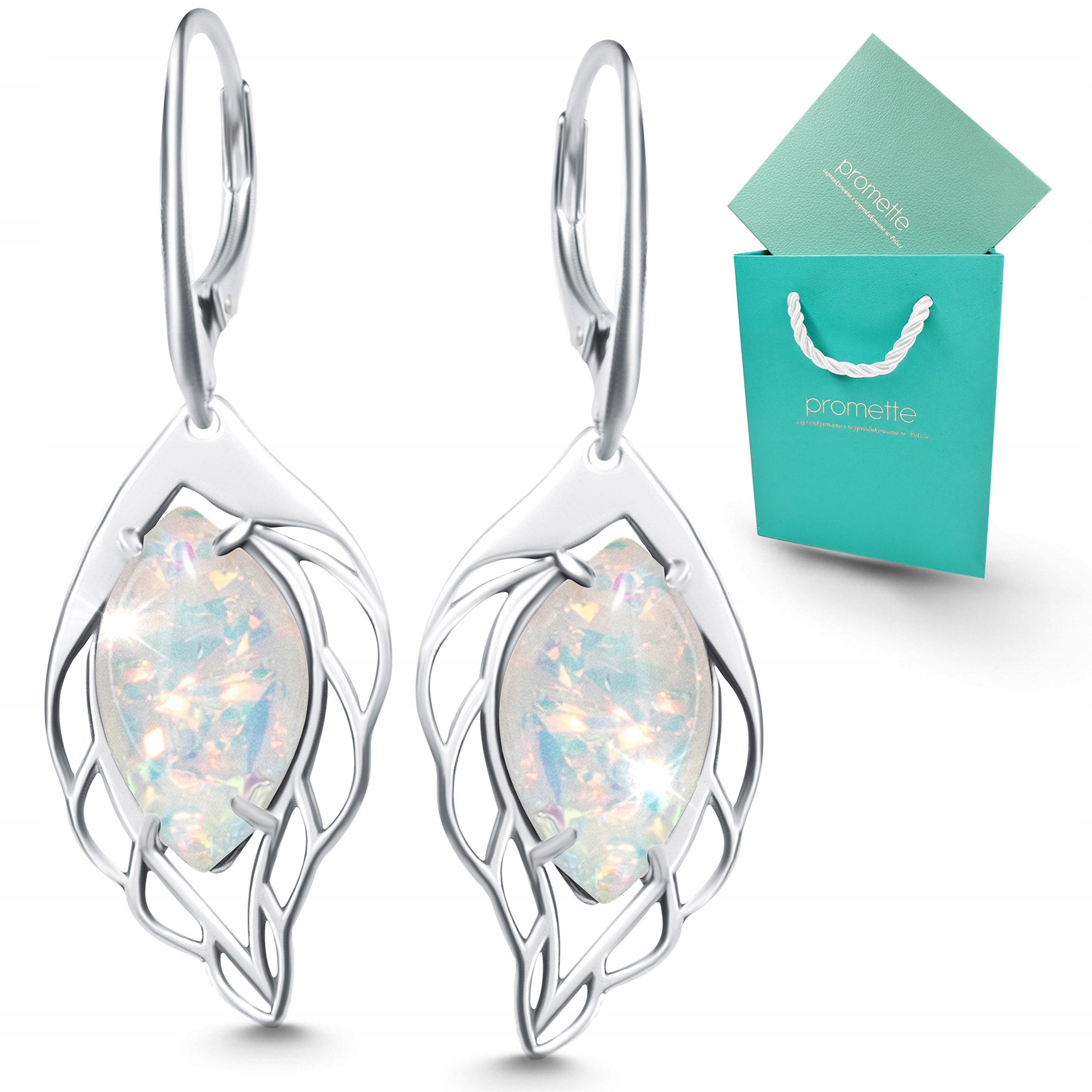 Náušnice opál bílý stříbrný závěsný s opálem krásné listy stříbro 925