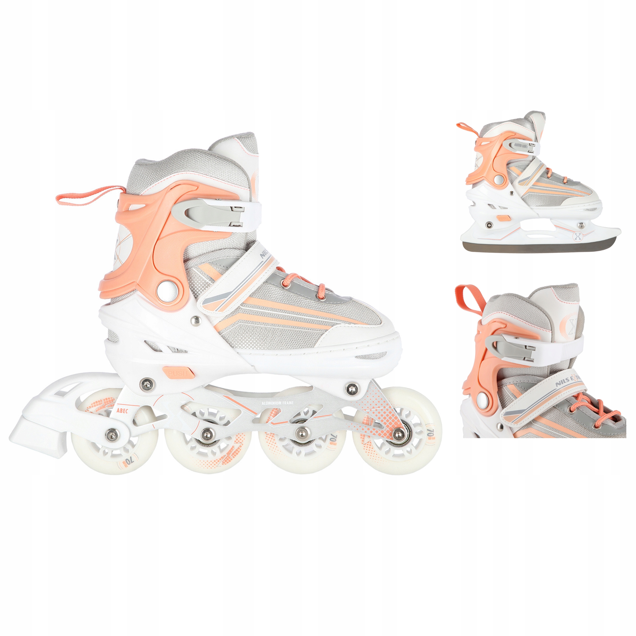 Kolečkové Brusle 2v1 nastavitelné L 39-43 brusle na led bílé růžové set hokejový Nils Extreme