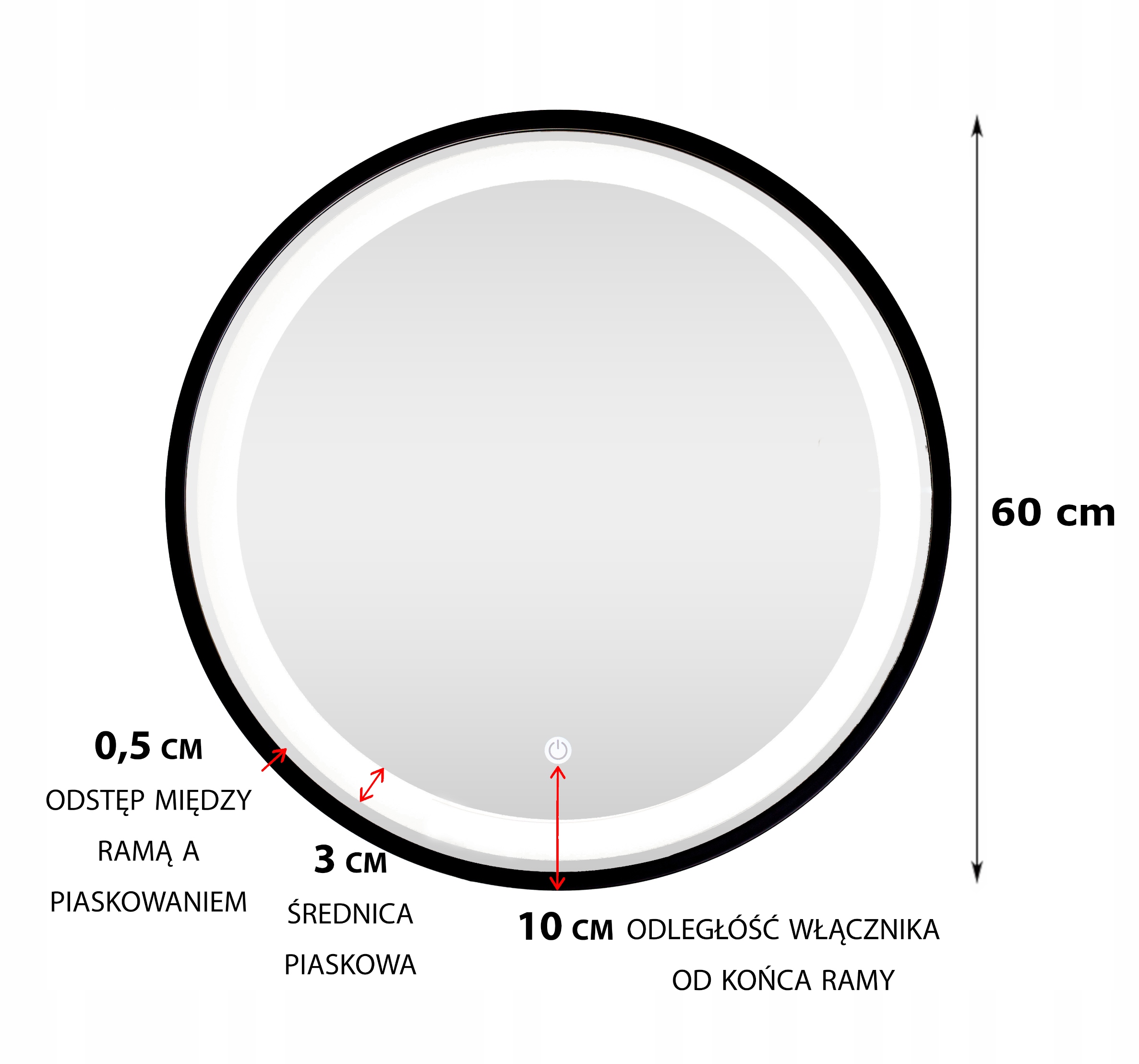 LUSTRO OKRĄGŁE LED CZARNE W RAMIE LOFT Z WŁĄCZNIKIEM DOTYKOWYM 60 CM Wysokość 600 mm
