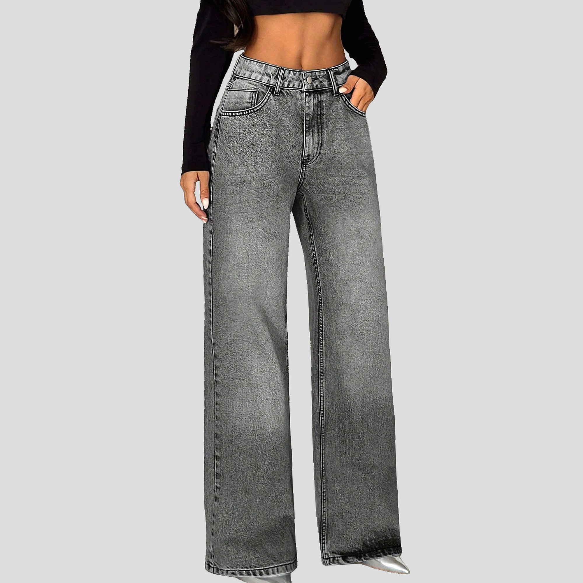Dámské džíny Jednoduché Šedé Bavlněné Wide Leg Casual Shein M 38