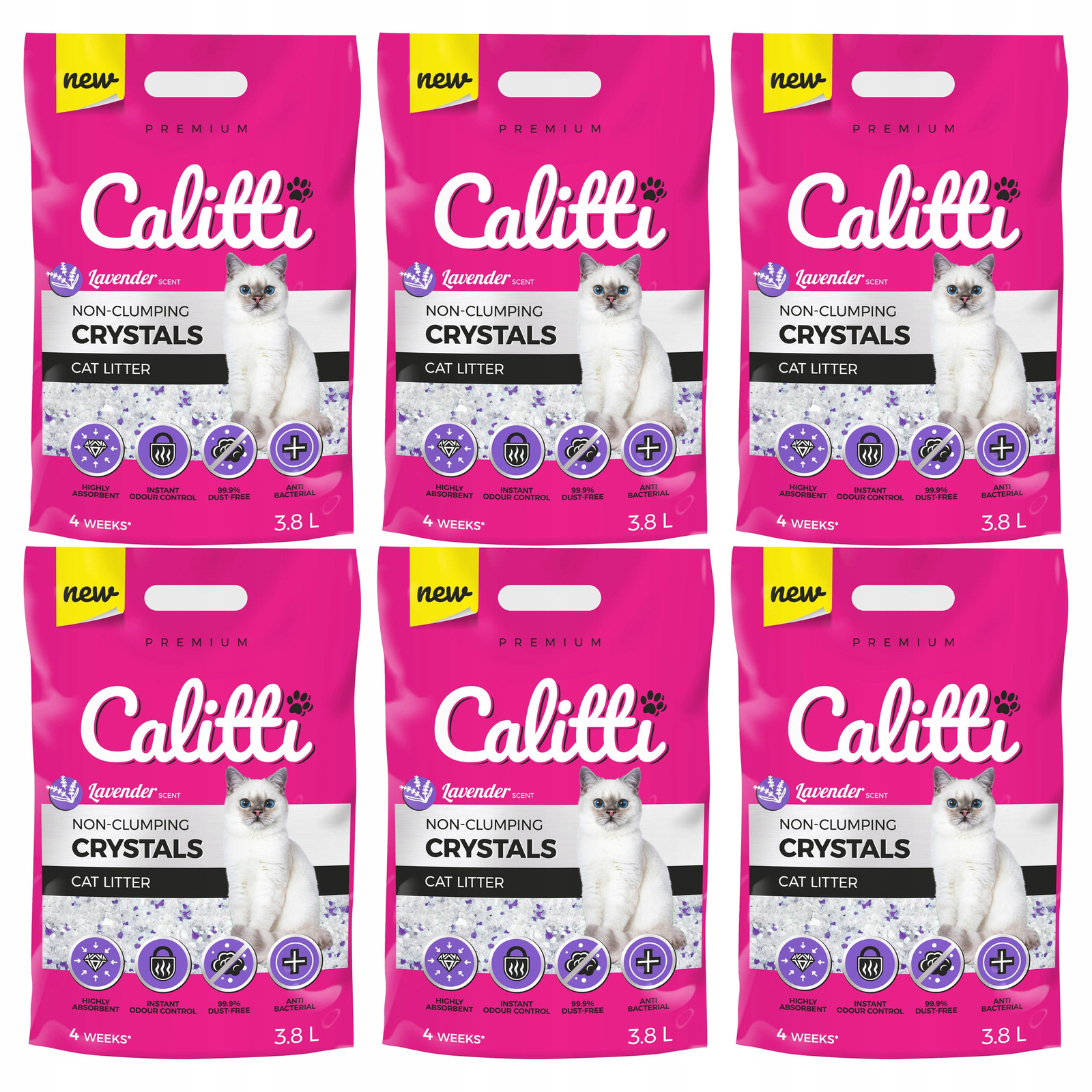 Levně Calitti Crystals Silikonové Stelivo do kočičí toalety pro kočky Levandule 6 x 3,8 l