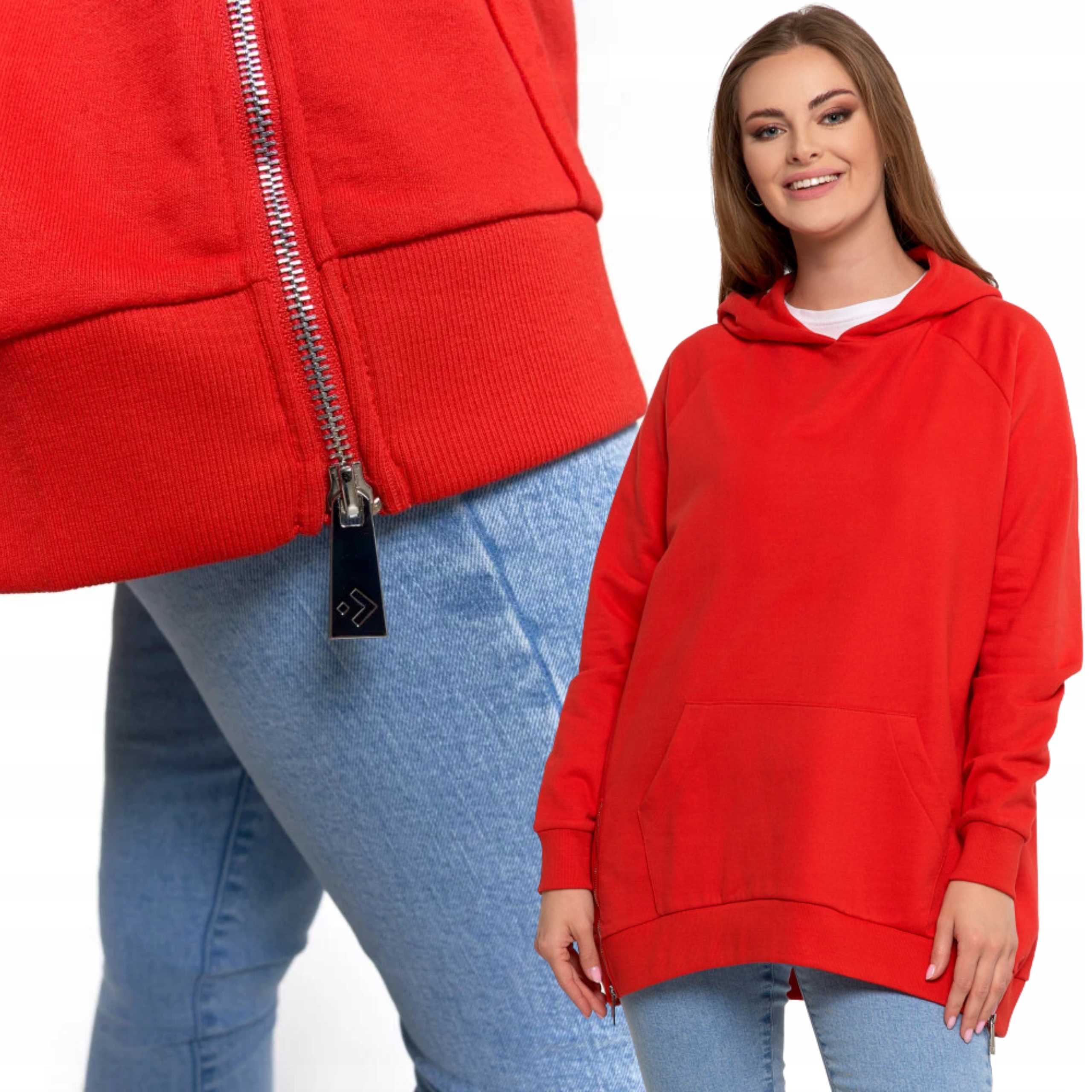 Oversize Mikina Kapuce Moraj Bavlna Plus Size Červená XXL