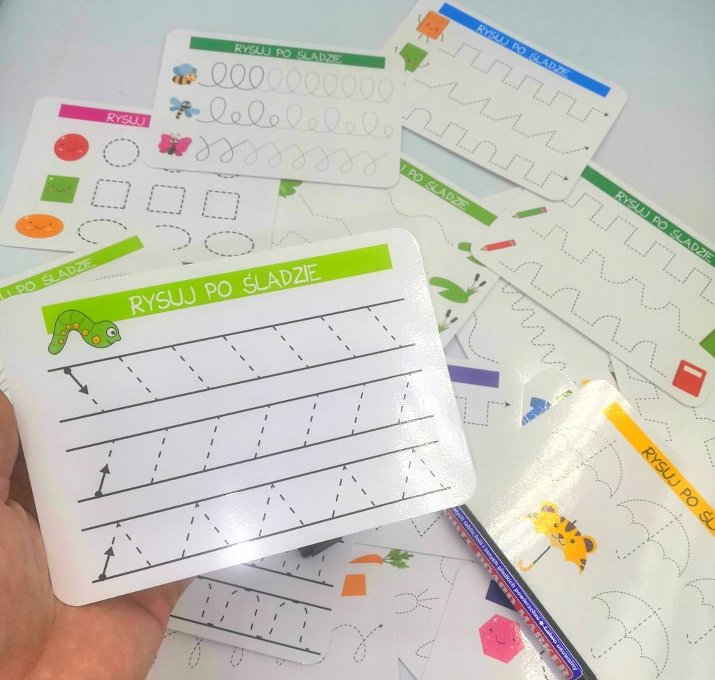 Szlaczki - rysowanie po śladzie (25 kart + pisak) Marka SzkolneNaklejki.pl