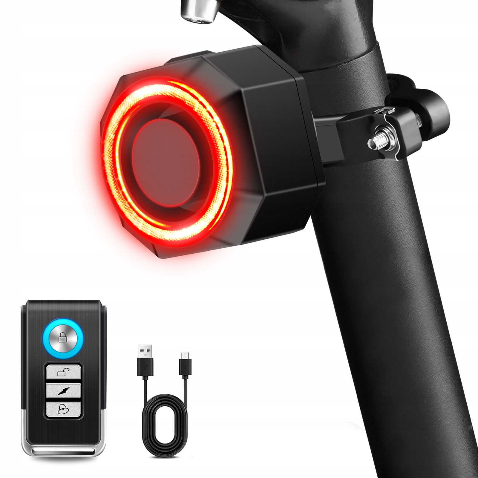 Lampka Rowerowa 113dB Alarm Antykradzieżowy Czujnik Hamulca IP65 USB Pilot