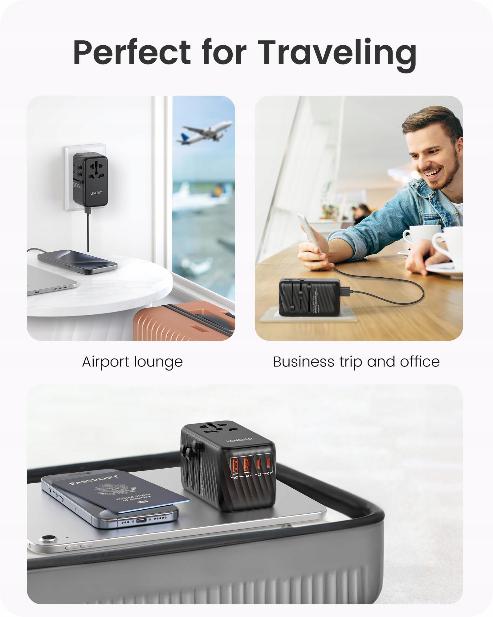LENCENT Adapter Podróżny 100W GaN3 2x USB C 2x USB A EU USA UK AU — miniatura 7