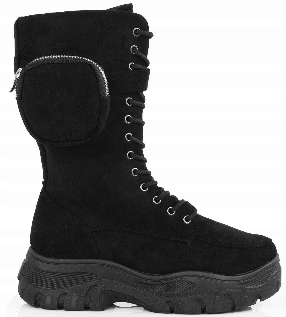

7004 Czarne Wysokie Botki Trapery Glany Zamsz 36