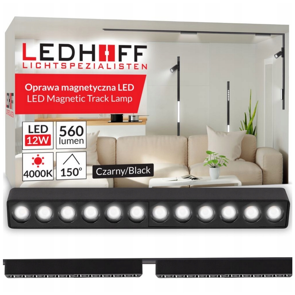 Magnetické kolejnicové osvětlení Kolejnice 1m 2x Led lampa 12W Černá