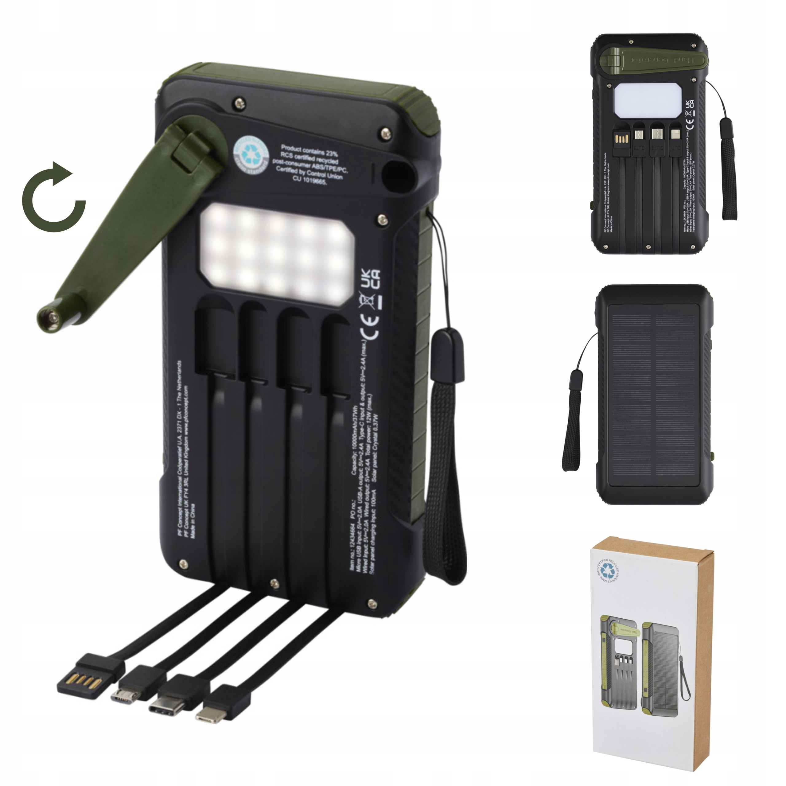 Powerbank 10000 solární powerbanka na Dynamo s klikou 4 nabíjecí koncovky