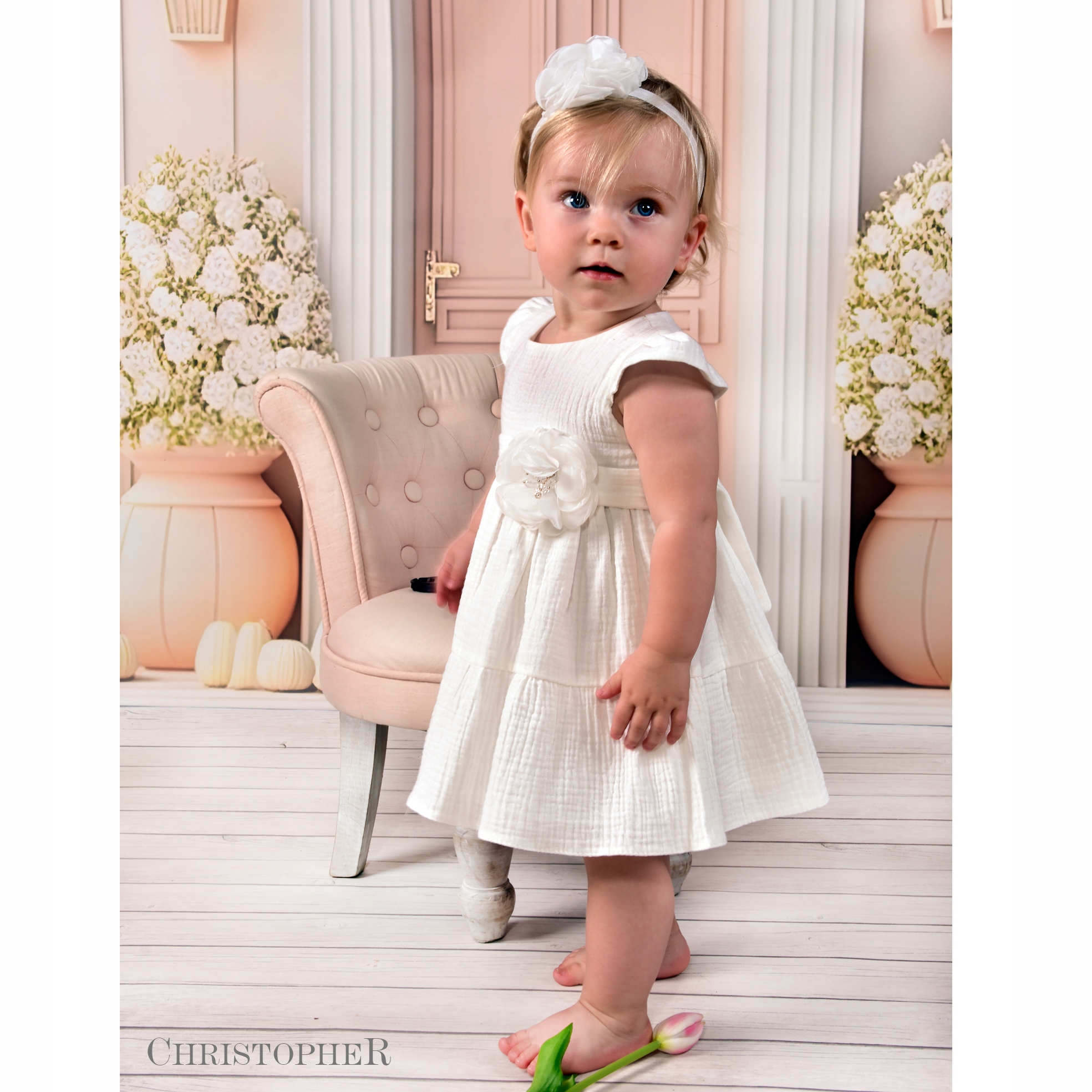 Sukienka z MUŚLINU 100% BAWEŁNA do Chrztu KREMOWA Christopher rozmiar 68