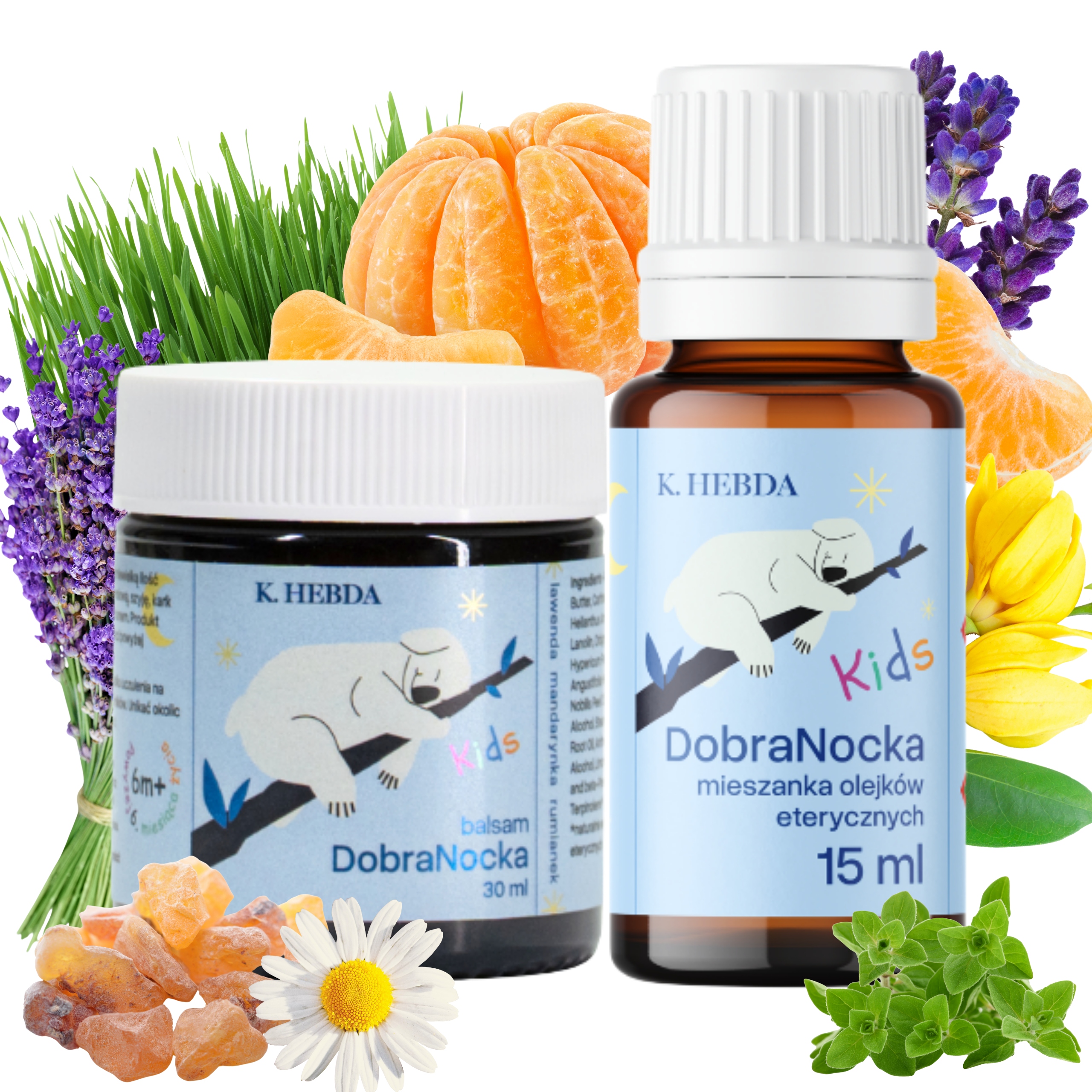 Zestaw dla dzieci Balsam DobraNocka do smarowania Mieszanka olejków Hebda