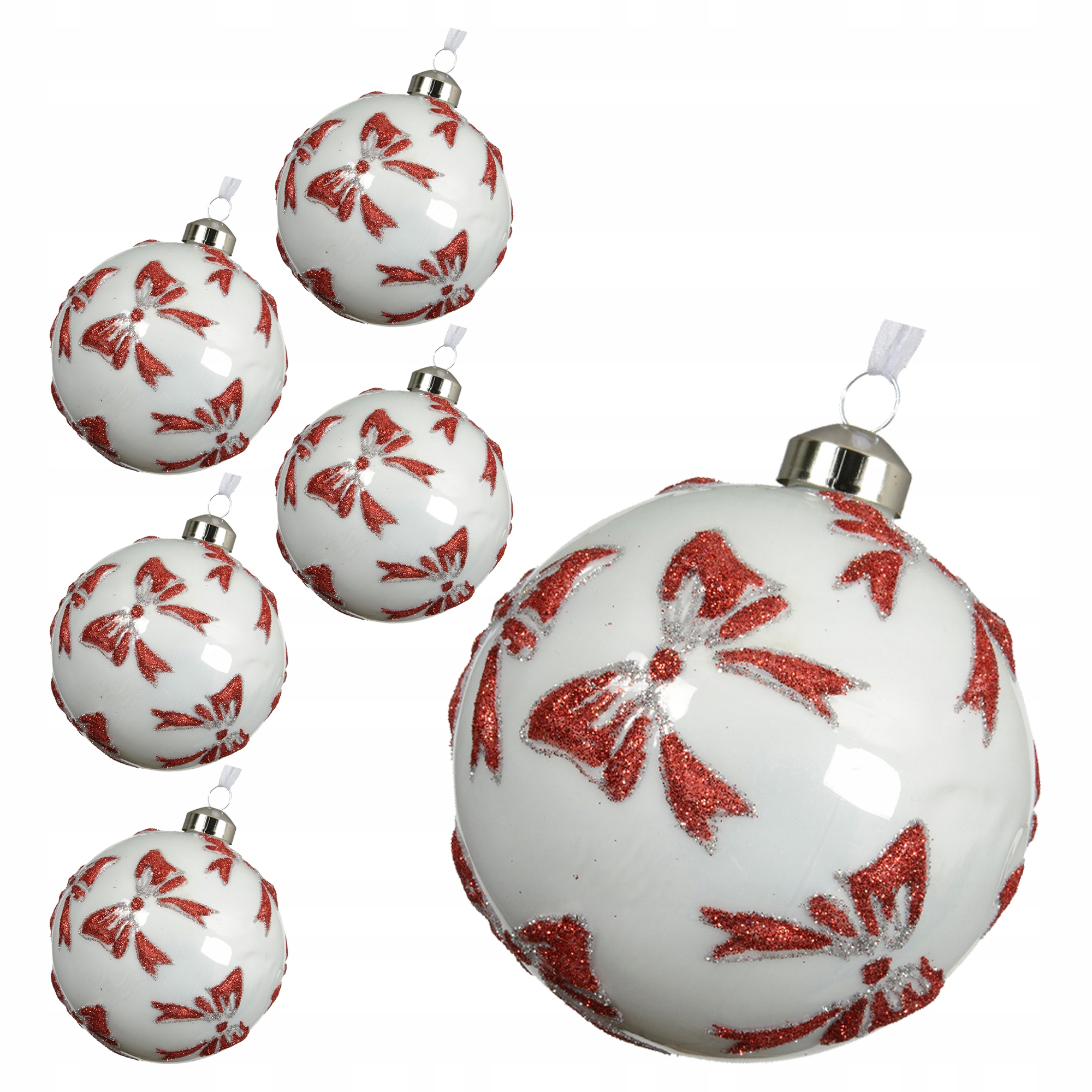 Studené bílé vánoční baňky, skleněné ozdoby zdobené mašlí, 6 Ks, 10 cm