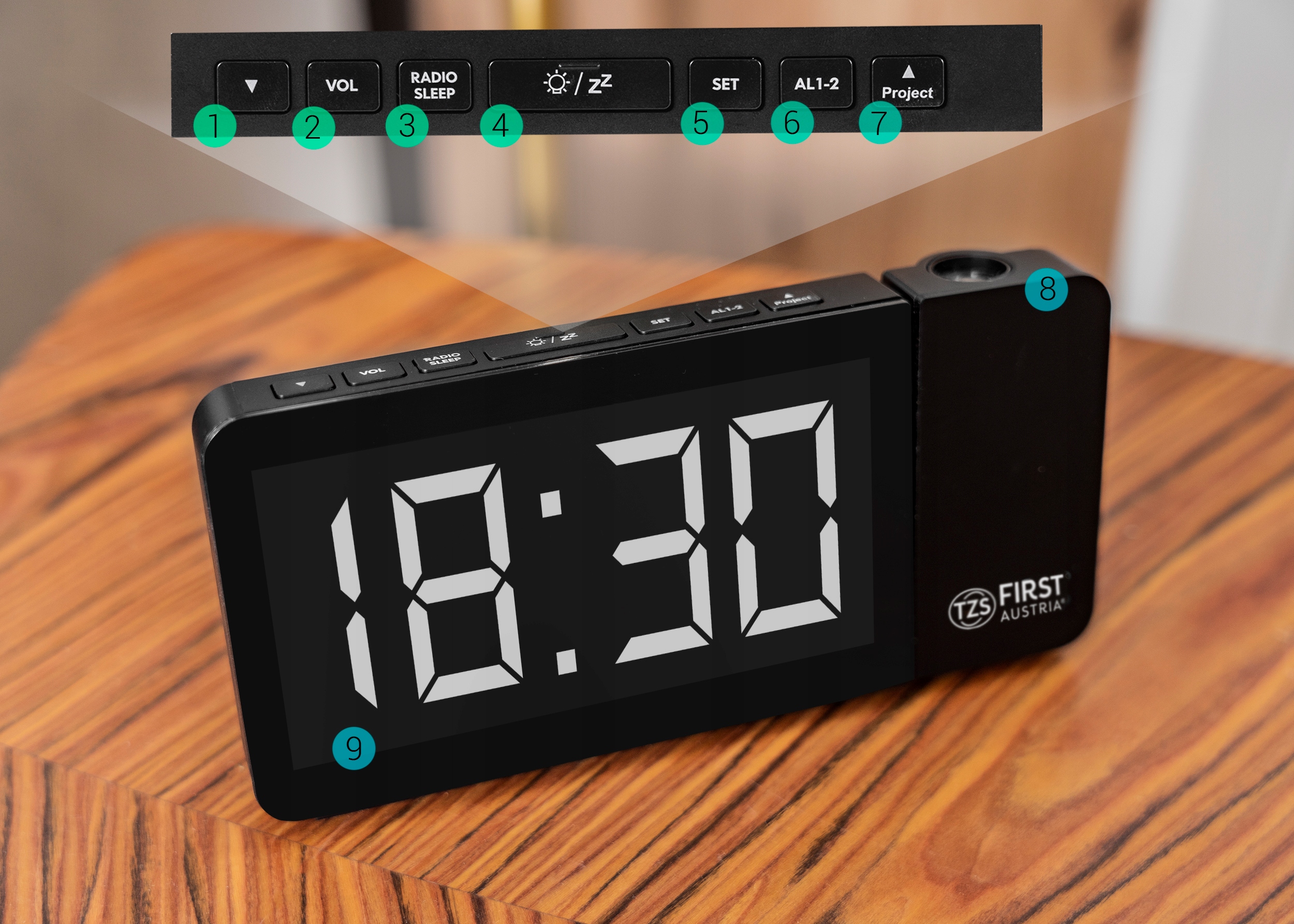 Radiobudzik z projektorem od First Austria Radio FM