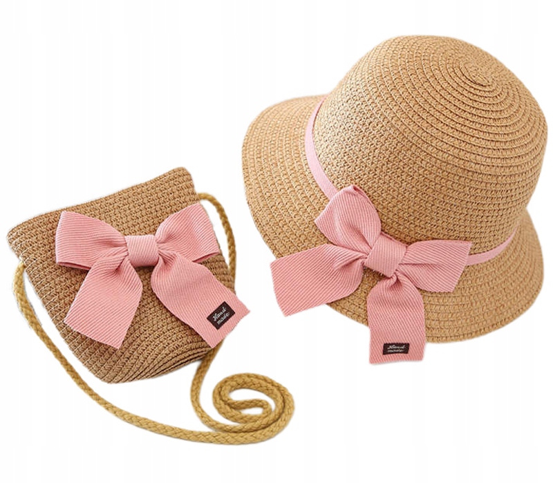 KAPELUSZ SŁOMKOWY Z KOKARDĄ GUMKĄ LETNI PLAŻOWY + TOREBKA DLA DZIEWCZYNKI