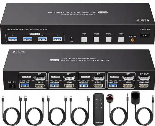 Displayport Przełącznik KVM HDMI 4 komputery 2 monitory 4K 60Hz