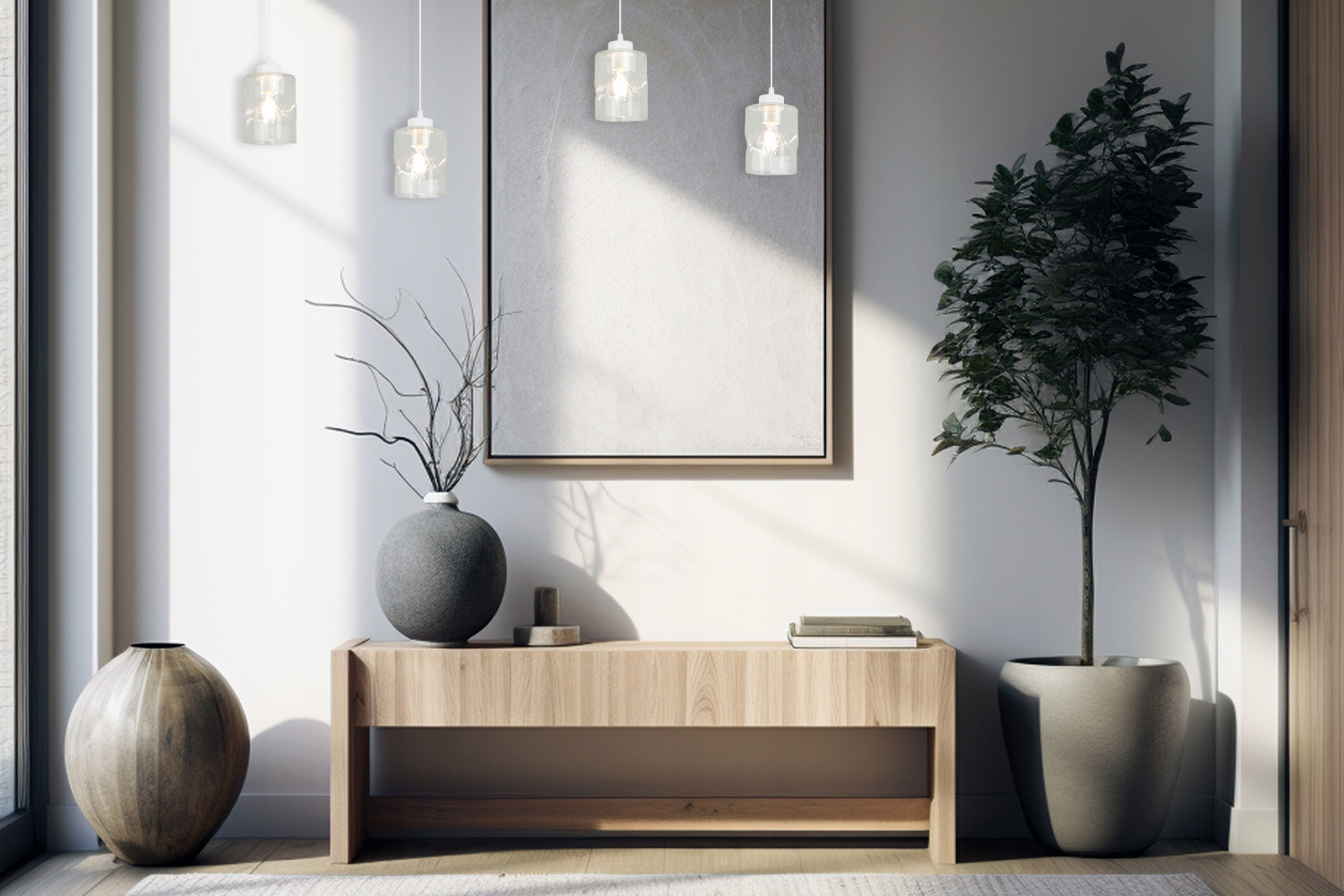 LAMPA WISZĄCA ŻYRANDOL BIAŁA LISTWA 2 SZKLANE KLOSZE SUFITOWA LED BEZBARWNA Marka Moderno