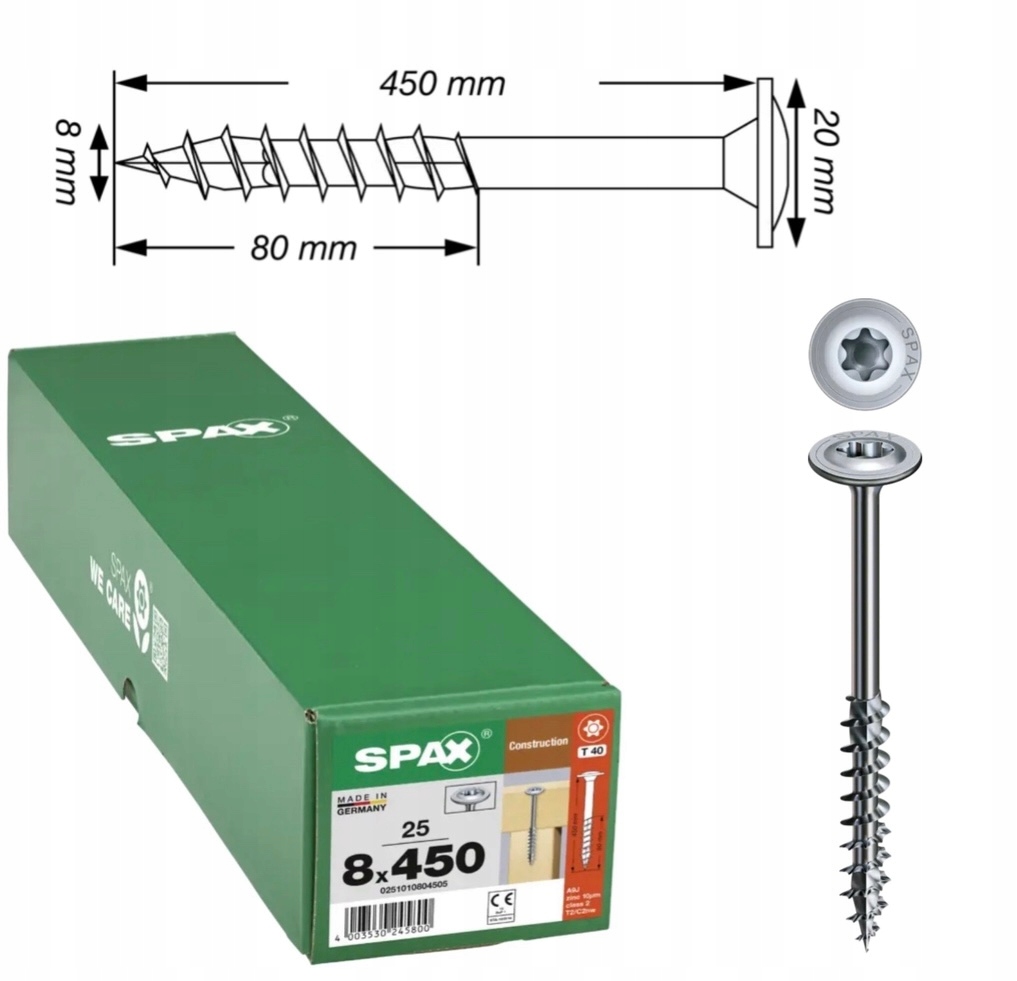 Univerzálne skrutky do dreva Spax 8 x 450 mm 25 ks