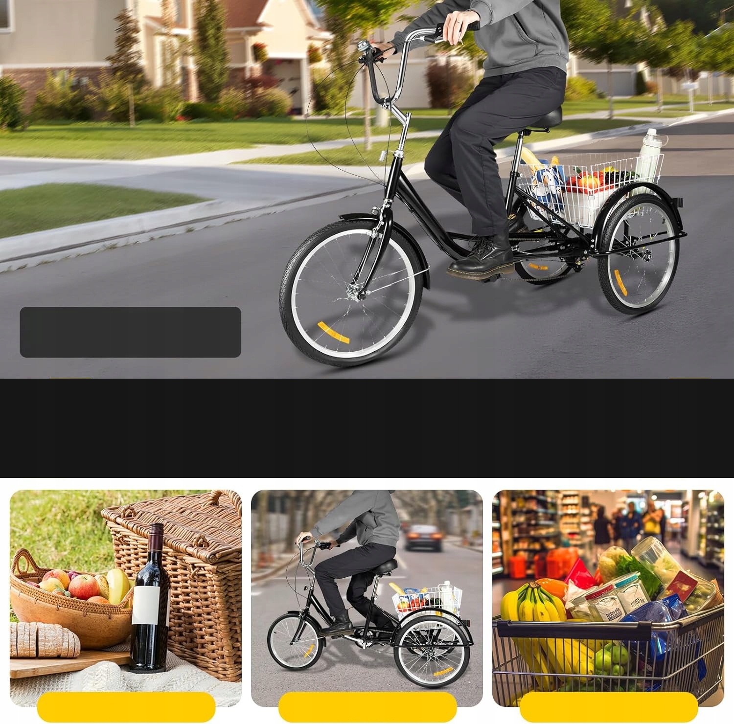 ROWER TRÓJKOŁOWY DLA DOROSŁYCH 20 CALI 8 BIEGÓW CZARNY Hamulce V-brake