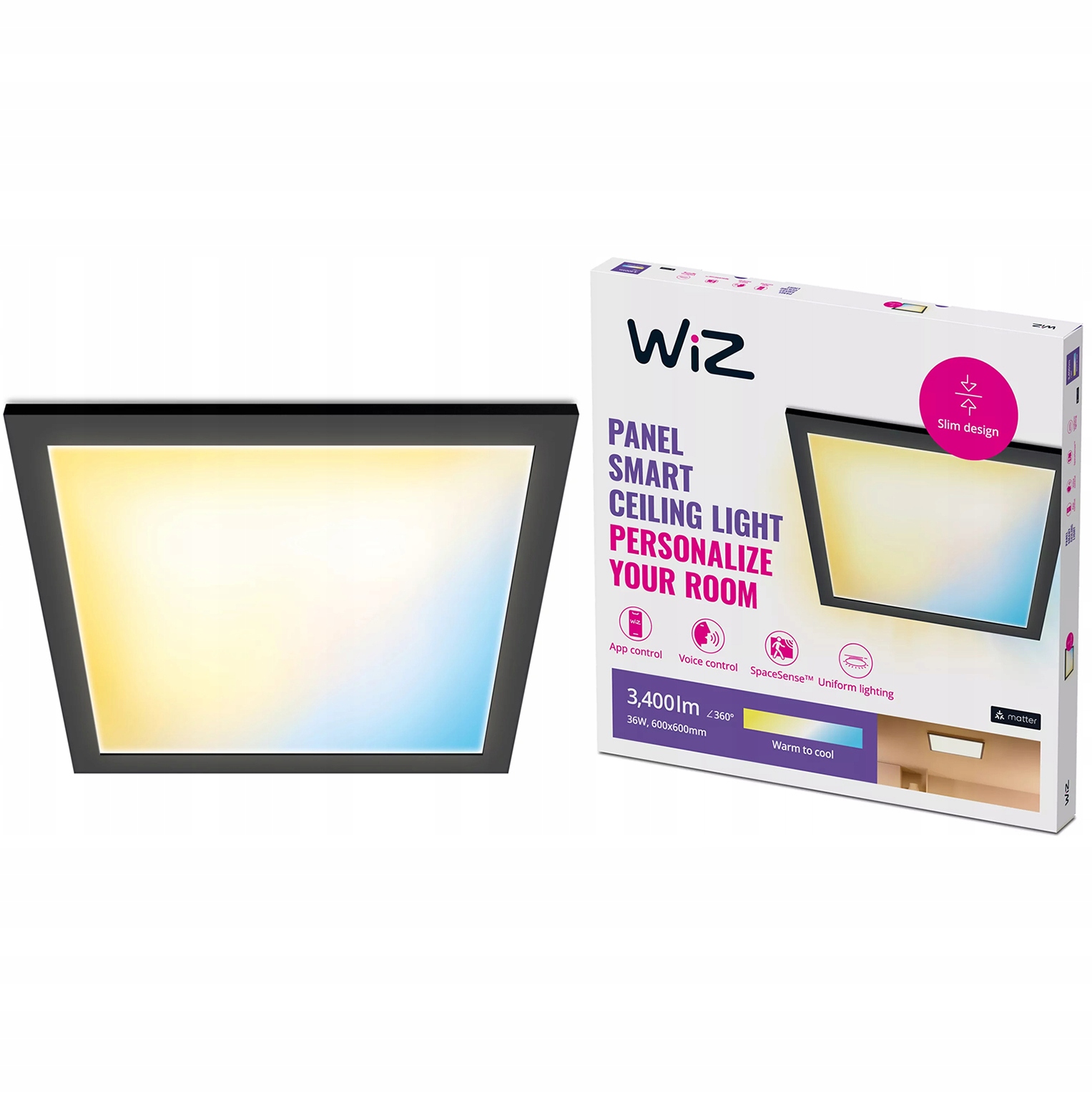 Led panel Nástěnný 60x60 Stropní Svítidlo Kaseton 36W Černá Smart WiFi WiZ