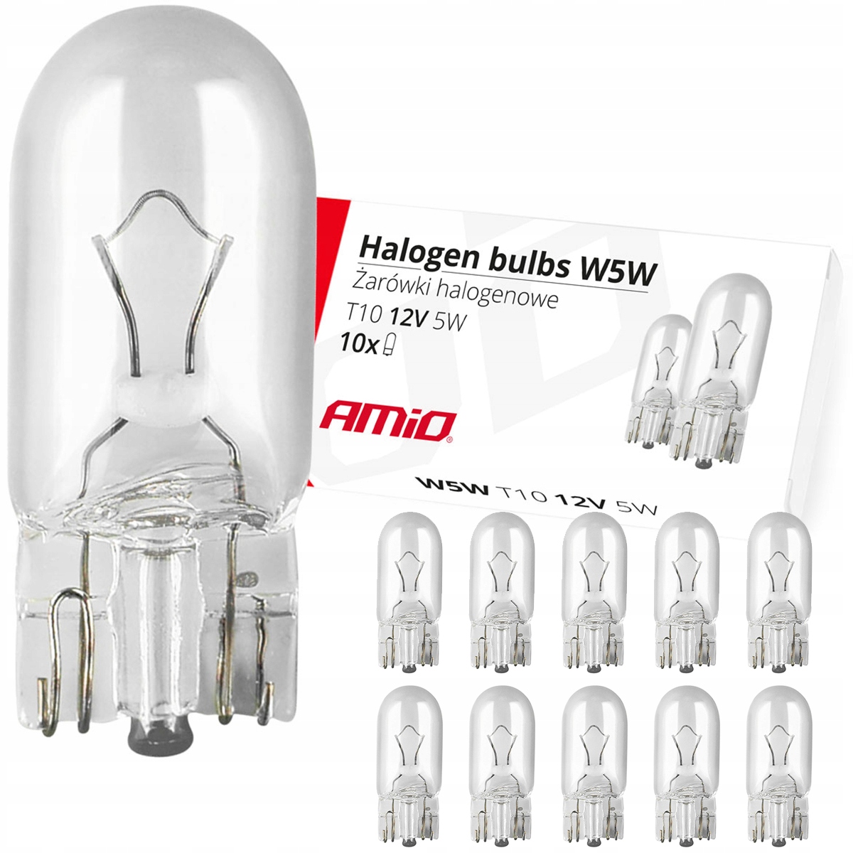 Żarówki W5W Postojówki Wnętrza Tablicy T10 5W5 Clear AMiO Wsuwane x10 Sztuk