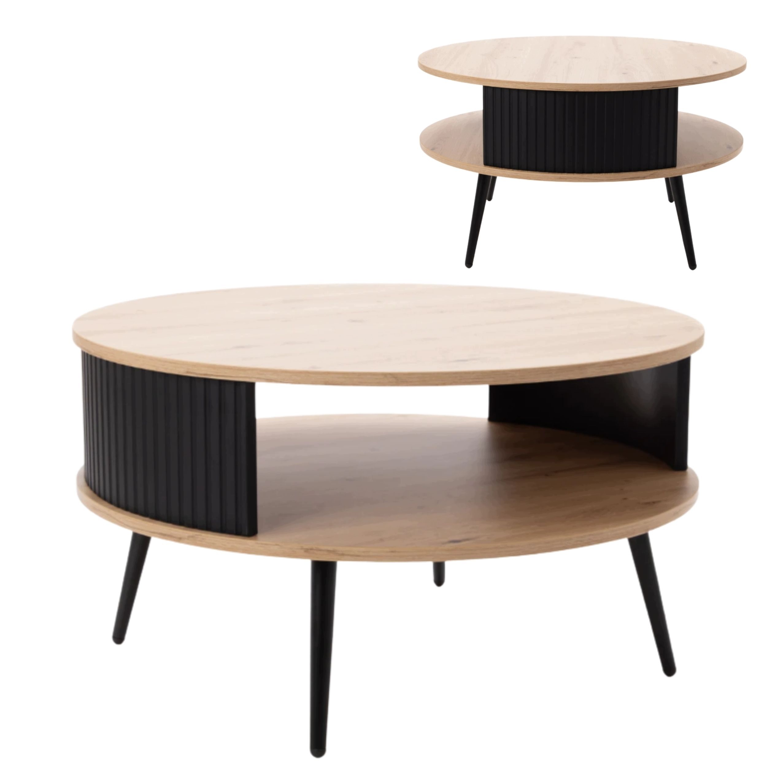 Konferenčný Stolík Okrúhly Take Ryflovaný Elegantný s poličkou Dub Artisan/Čierny