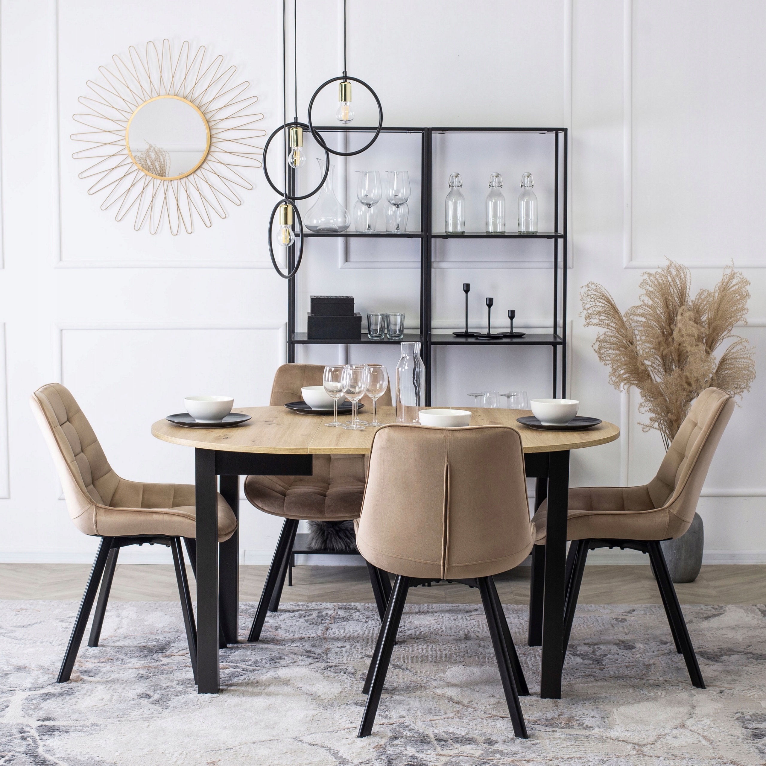 Zestaw Stół Okrągły Rozkładany i 4 Krzesła Welurowe Do Salonu Jadalni Loft Kod producenta Stół Kuchenny z 4 Krzesłami Pikowane Velvet