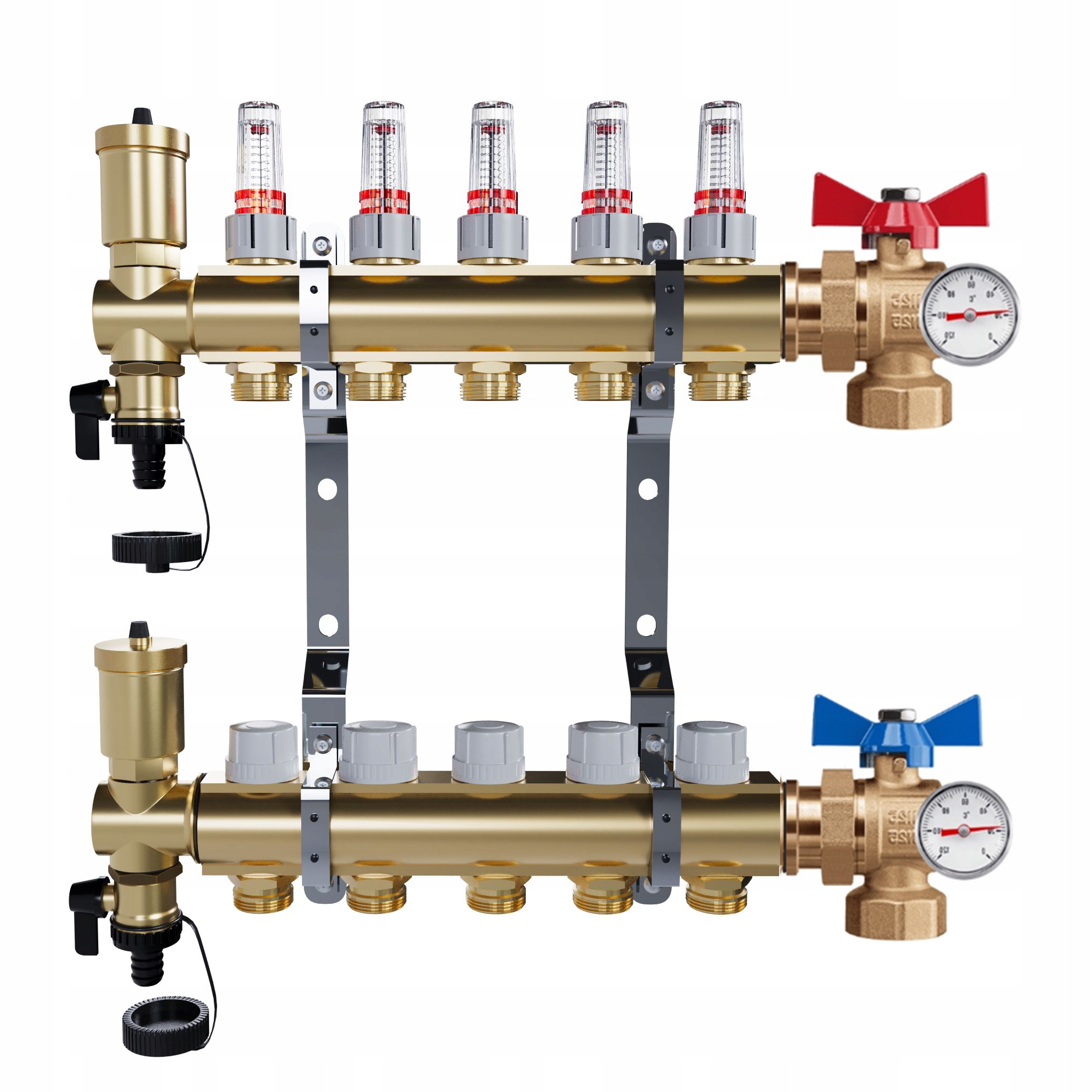 Rozdělovač mosazný Podlahovky 5 okruhů Kulové ventily Teploměr