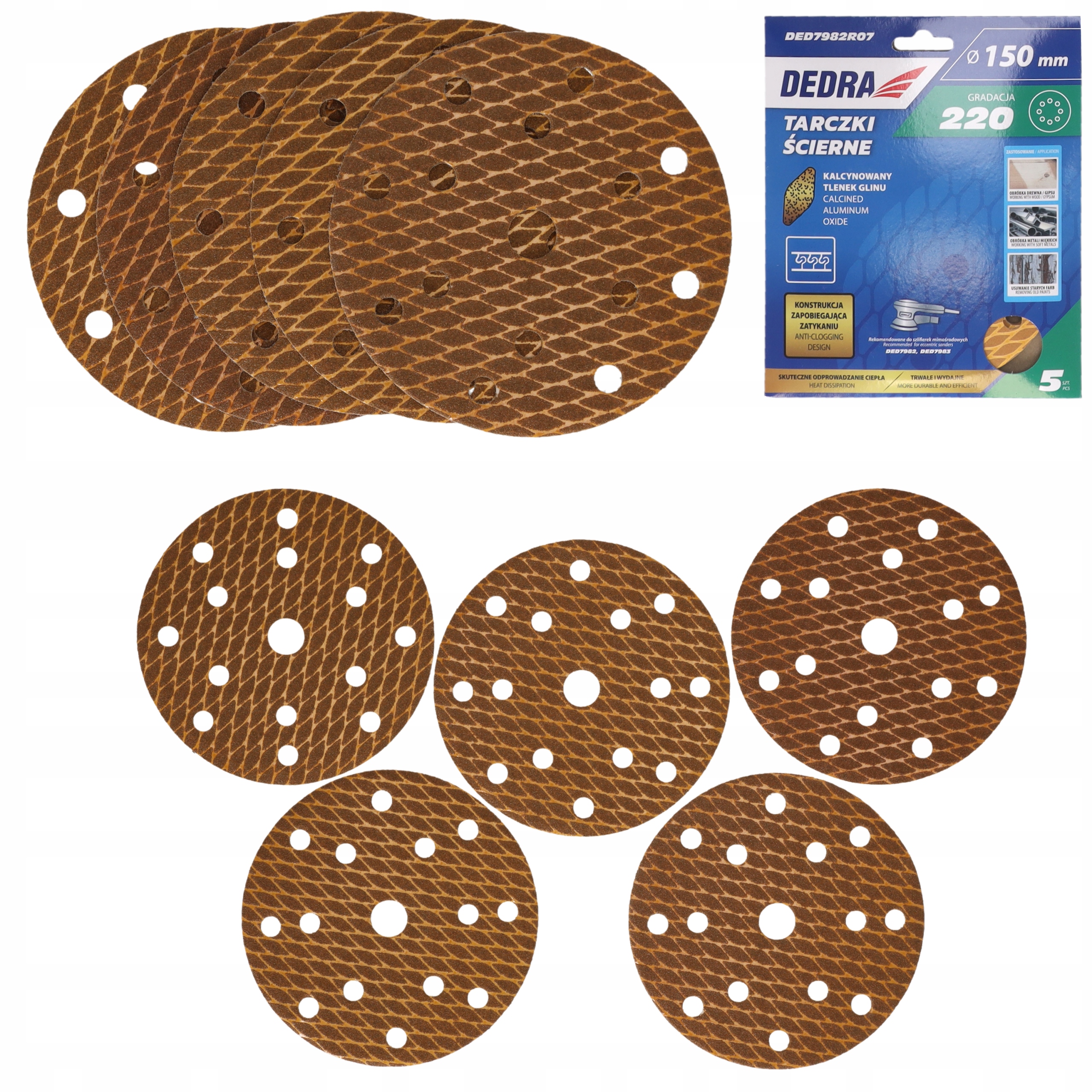 Krążki ścierne 150mm P220 Dedra szlifierki mimośrodowej Papier Tarcze 5szt