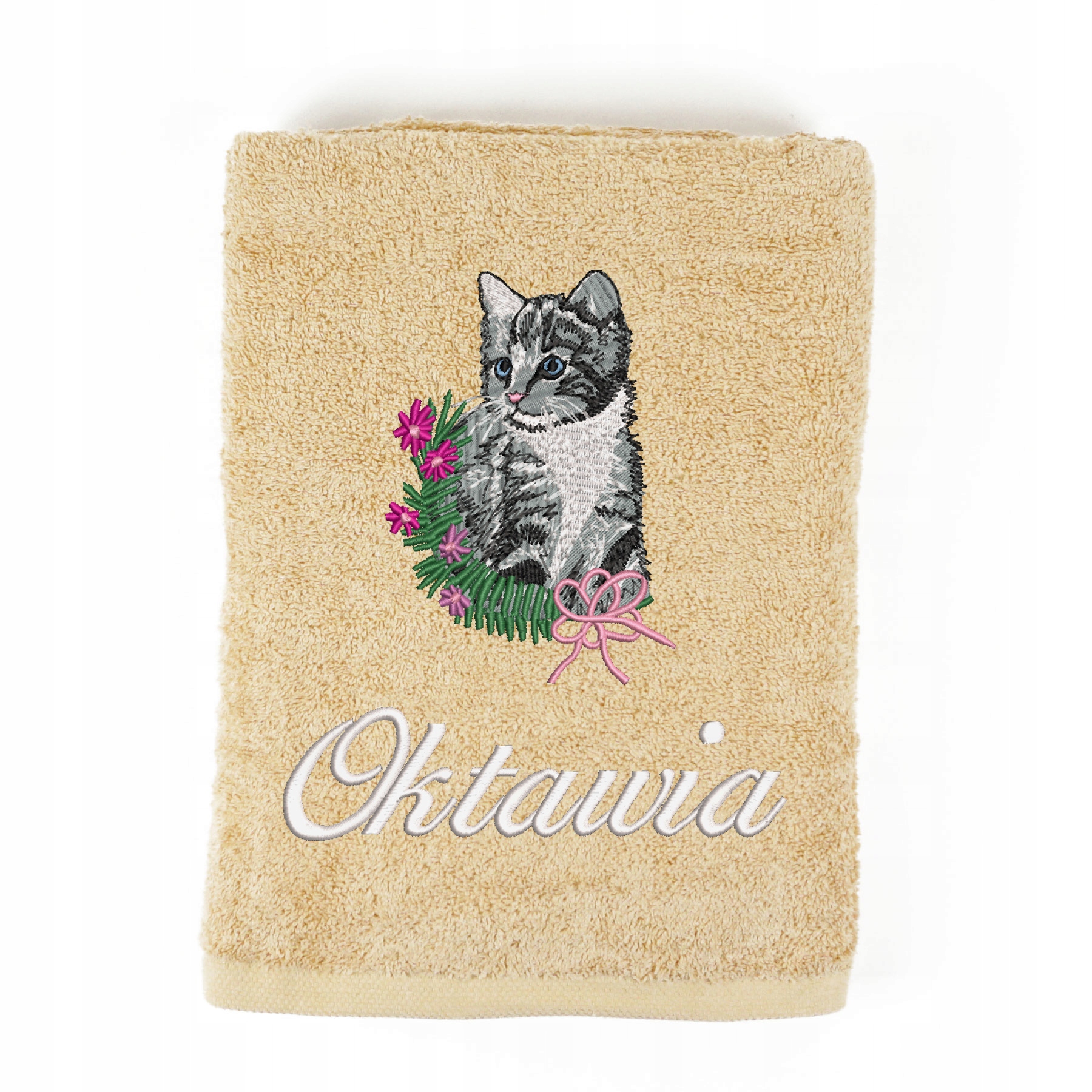 RĘCZNIK KĄPIELOWY Z HAFTEM KOTA + TWOJE IMIĘ Tematyka, motyw koty