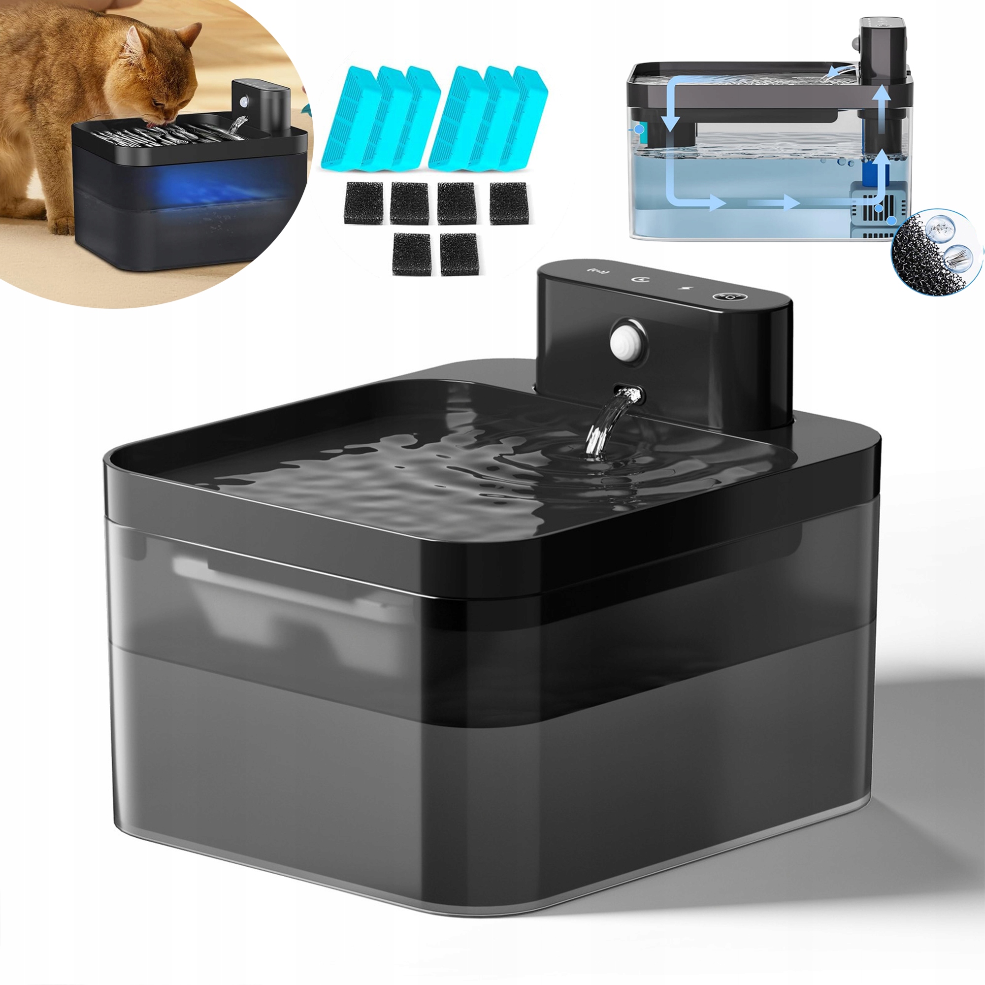 Levně Napáječka Pro Kočky 2.2L Bezdrátová Led Filtr