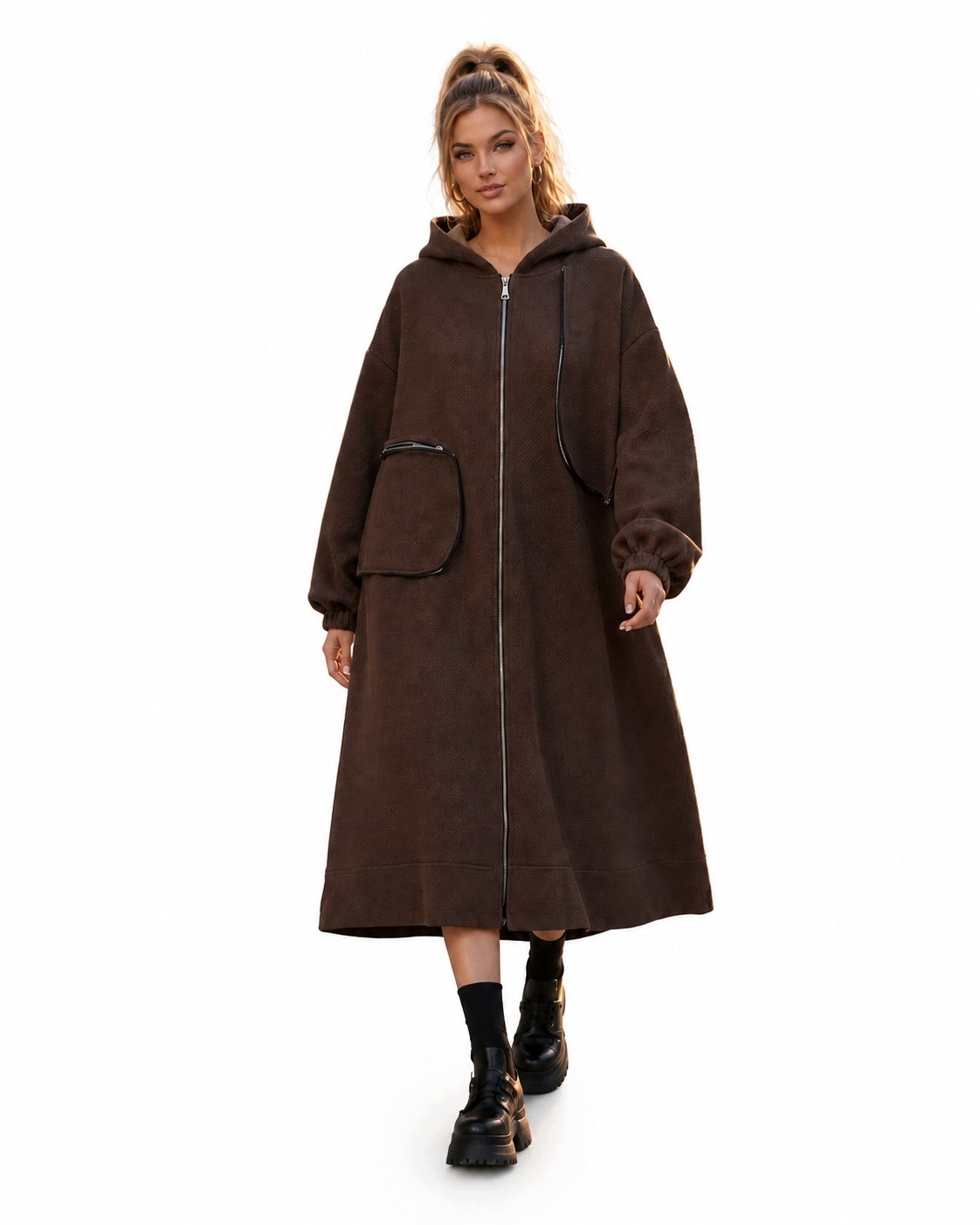 0008 Dlouhá oversize mikina s kapucí Karamelová asymetrická Y2K