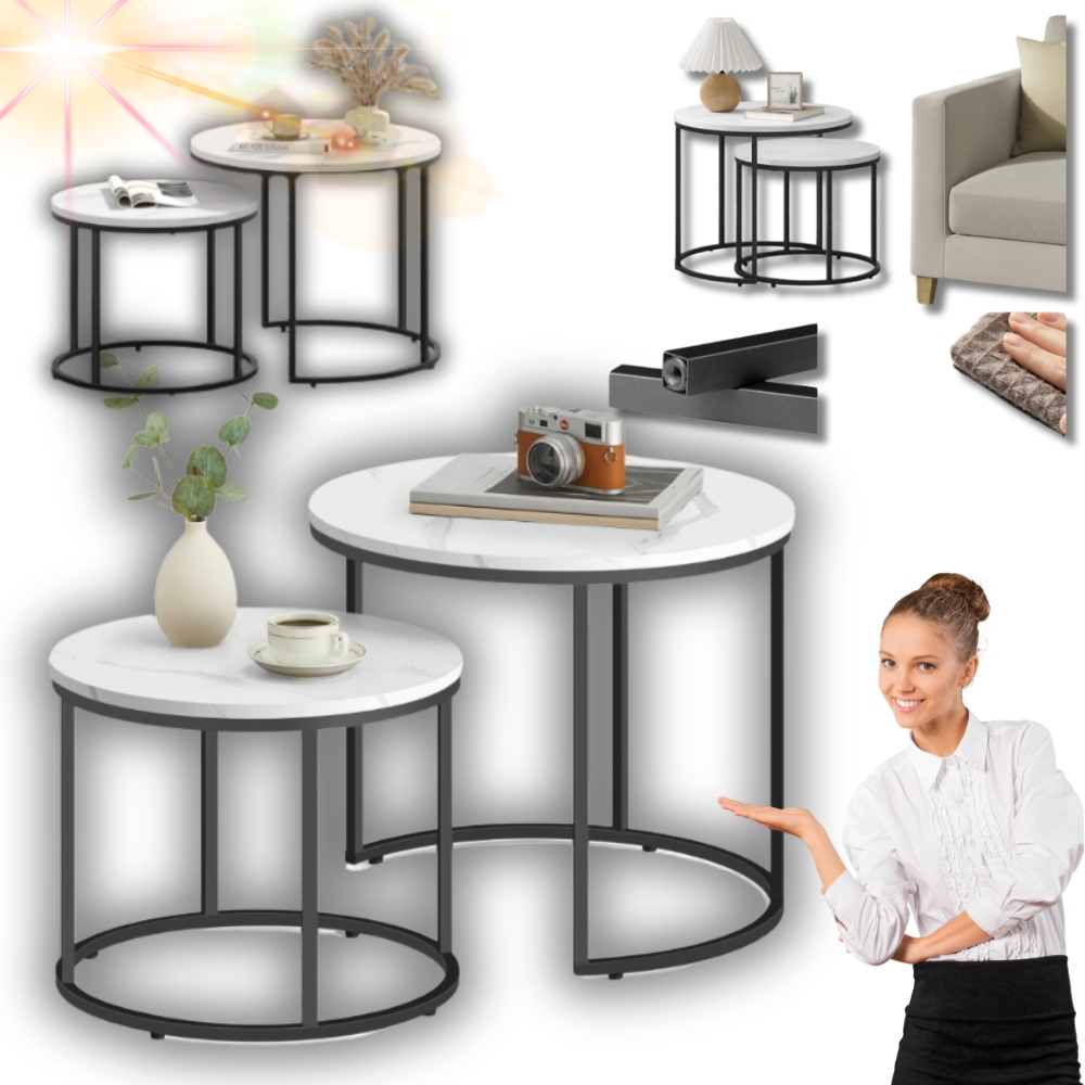 Konferenčné Stolíky Sada Stolíkov Okrúhly Loft Mramor Industrial 2KS!