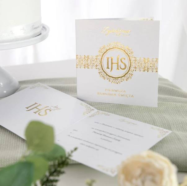 ZAPROSZENIE NA KOMUNIĘ IHS ZŁOTE 14X14 CM 1 SZT Kolor dodatkowy złoty