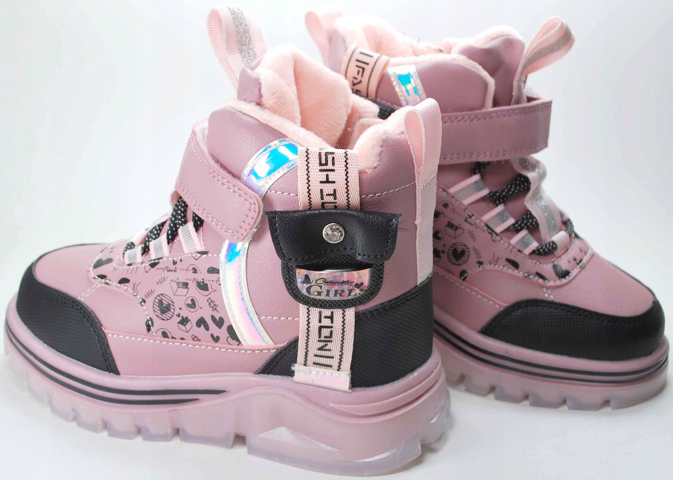 Różowe ocieplane naturalnym futrem kozaki dla dziewczynki zima na rzep 32 Płeć dziewczynki