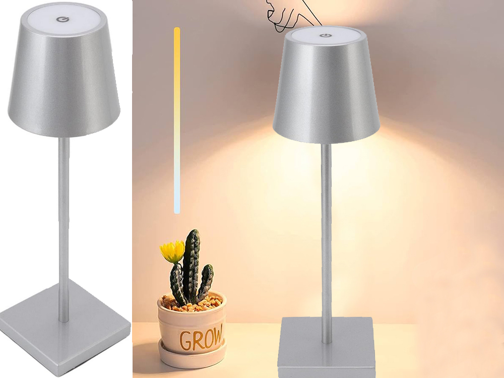 LAMPKA NOCNA STOŁOWA DOTYKOWA LAMPA 3 STOPNIOWA WYSOKA BEZPRZEWODOWA USB Kolor odcienie szarości i srebra