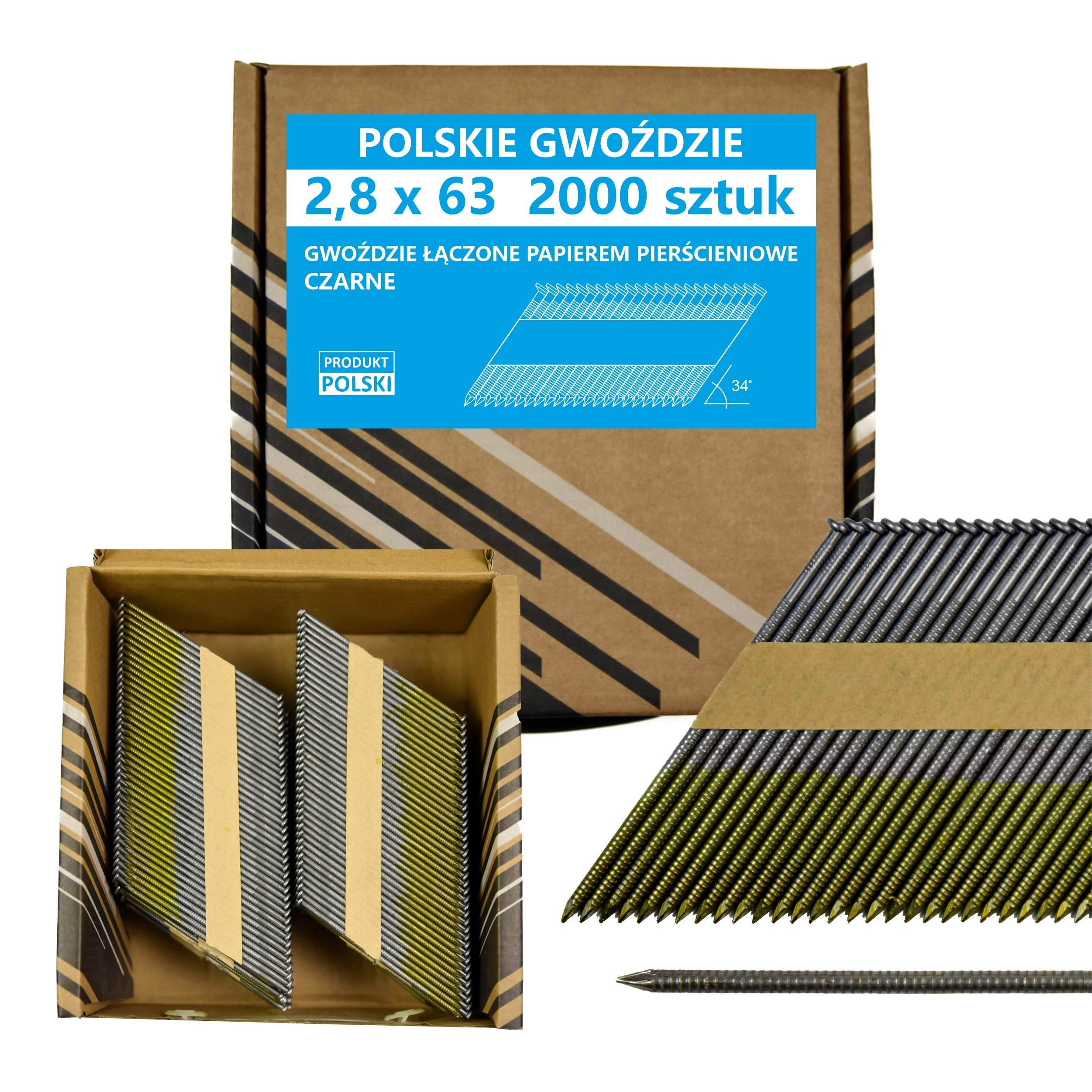 Gwoździe do gwoździarki łączone papierem 2,8x63mm 34° 2000szt Csp 6szt.