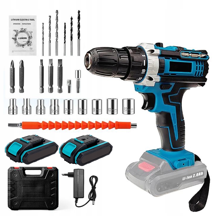 Aku Šroubovák Sada Aku Příklepová Vrtačka 2 Baterie, S Led Světlem