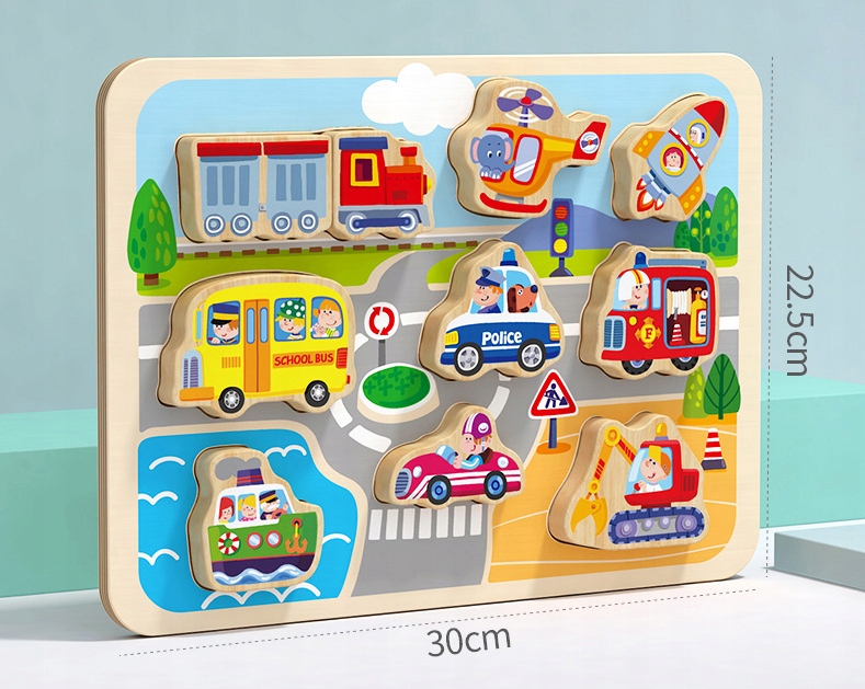 UKŁADANKA DREWNIANA POJAZDY AUTA PUZZLE DOPASUJ KSZTAŁTY MONTESSORI Marka NiceKids