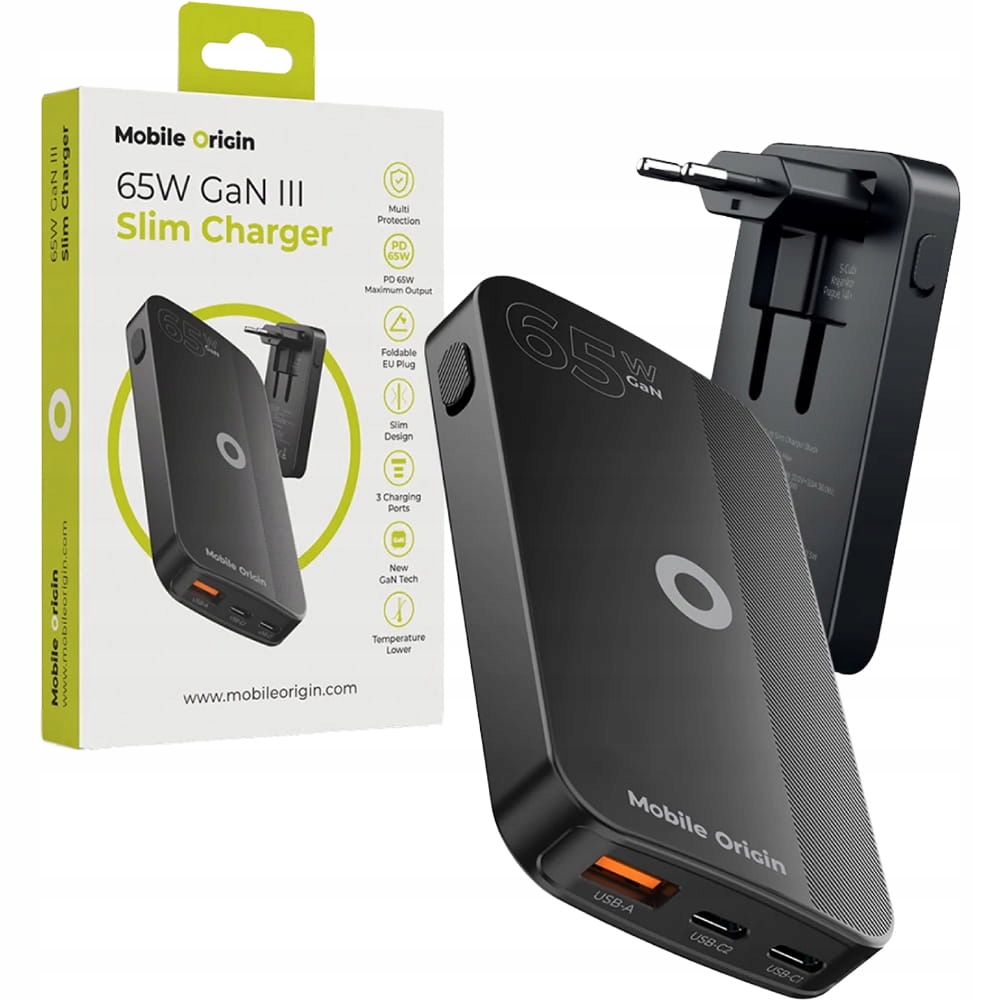 Síťová nabíječka GaN Mobile Origin 2x Usb-c Pd 1x Usb-a, 65W štíhlá, výkonná