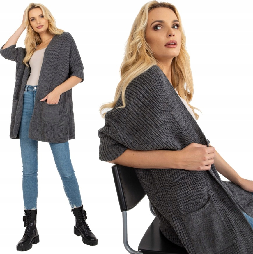 KARDIGAN sweter NARZUTKA z wełną RUE PARIS one size