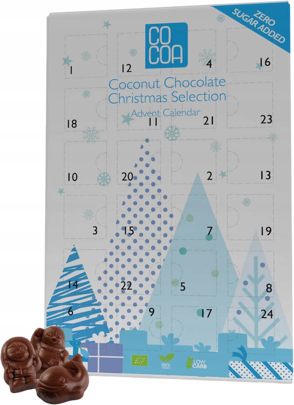 Levně Adventní kalendář s kokosovou čokoládou Bez Cukru, Low Carb, Keto, Bio Cocoa