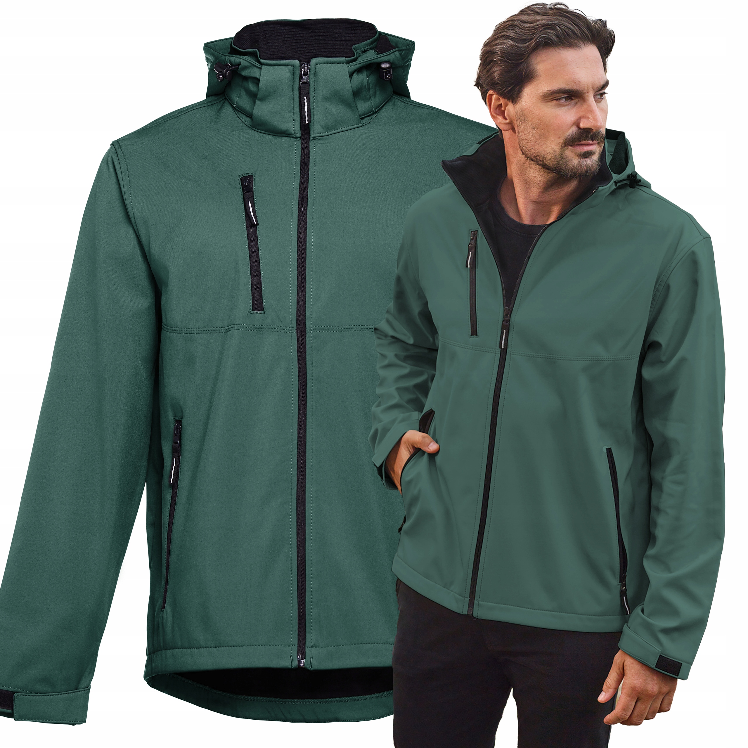 Pánská nepromokavá bunda Softshell s fleecem, odnímatelná kapuce, zelená, velikost S