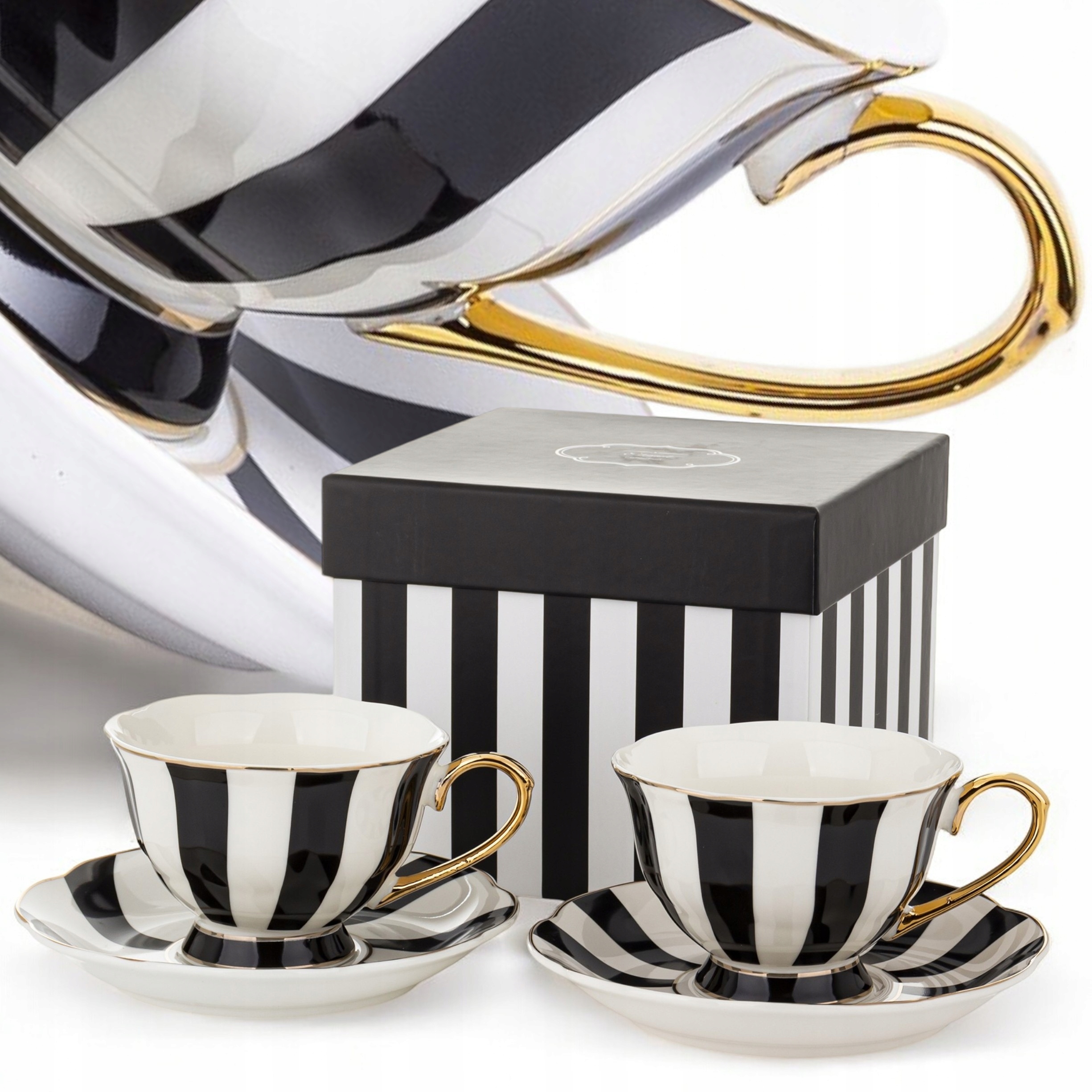 Sada porcelánových šálků 220 ml 2ks bílo-černá zlatá sada