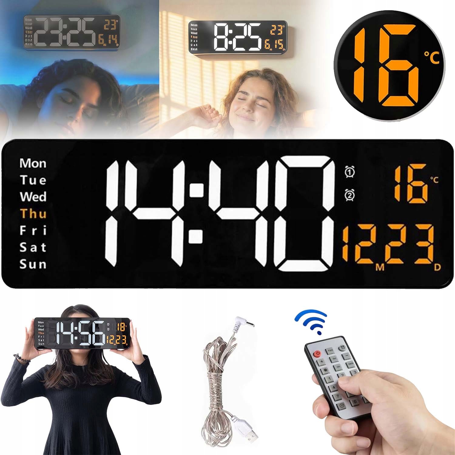 Budík Hodiny Digitální 16" Led Digitální Stojící Datum Teplota C/f Usb