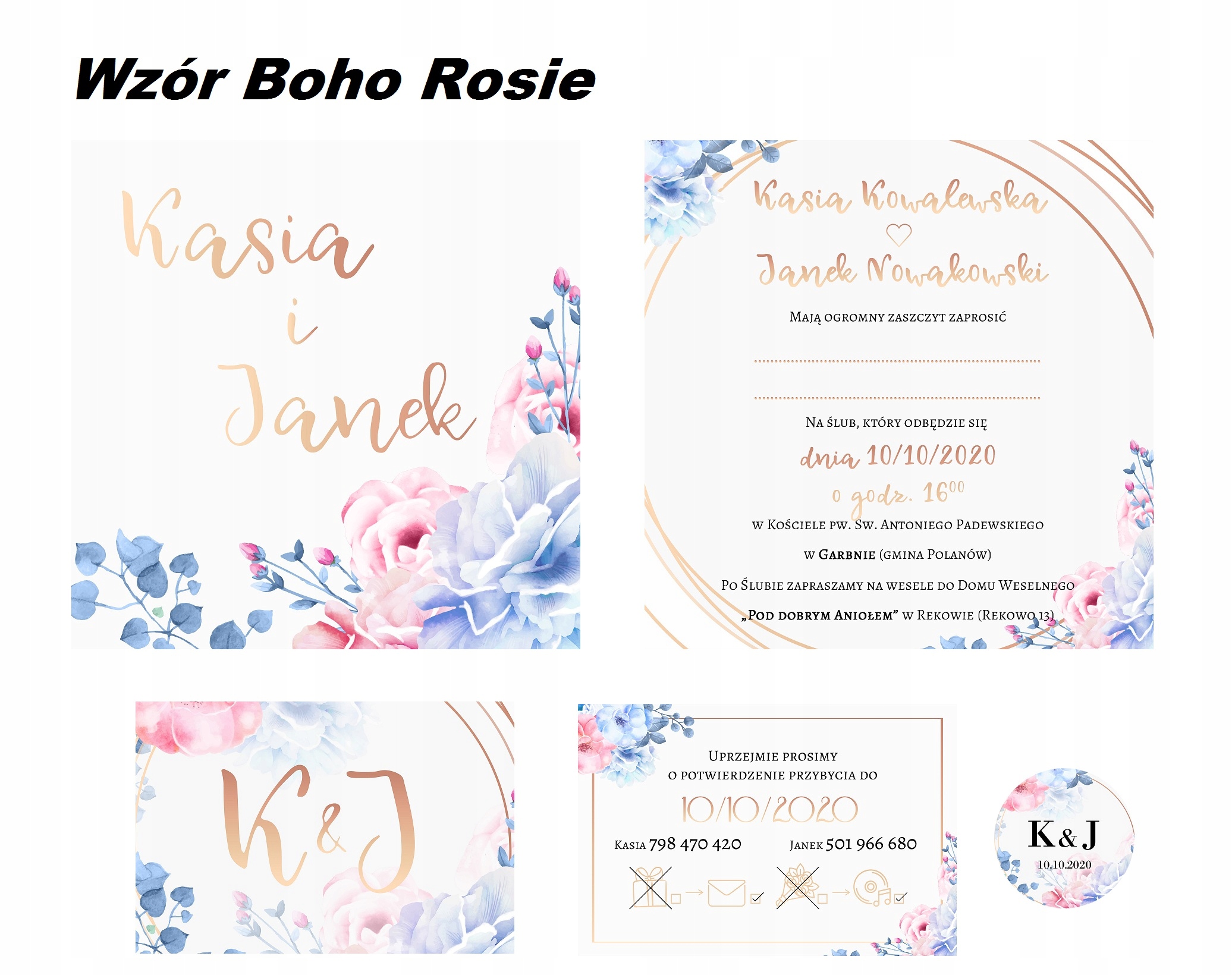 ZAPROSZENIA ŚLUBNE Ślub Boho RSVP 4w1 Twój Tekst! Kolor dominujący biały
