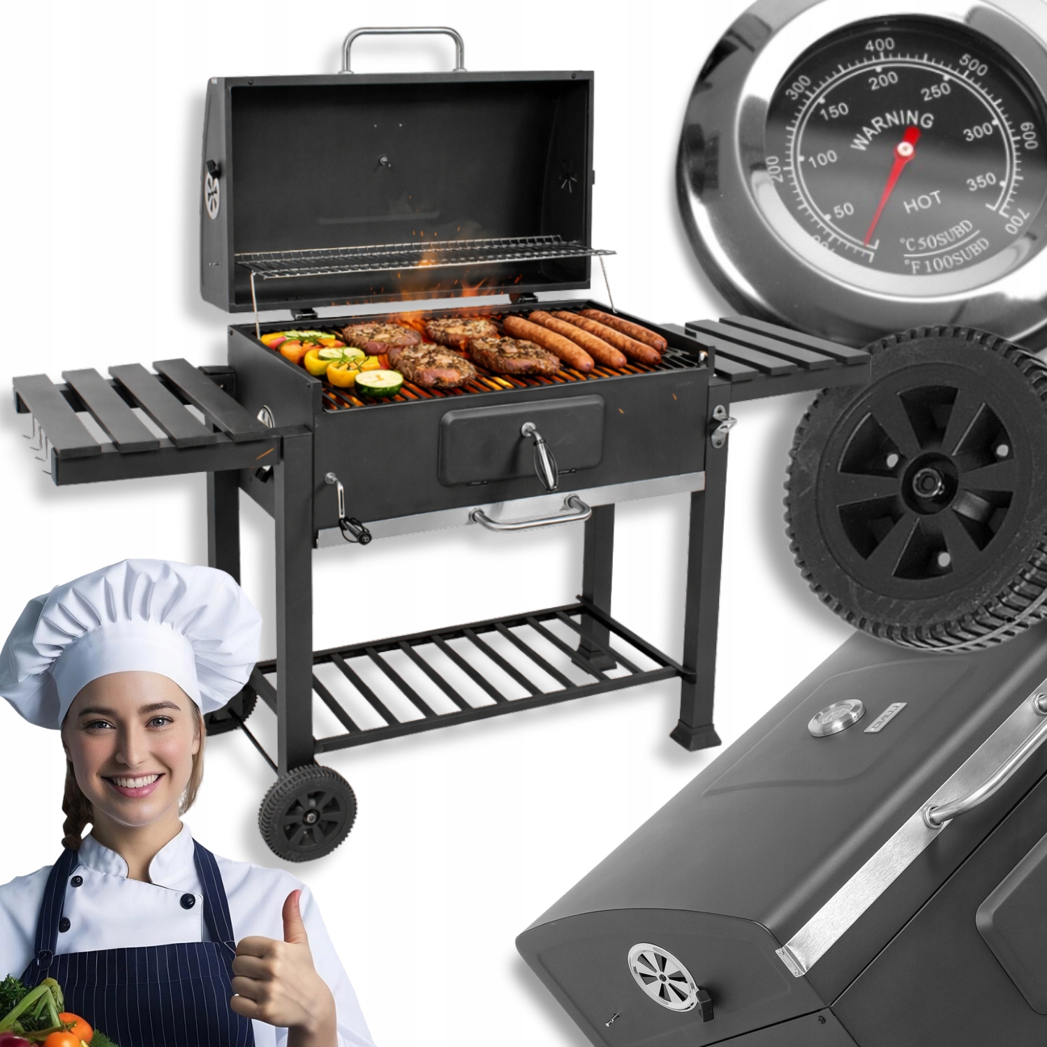 Grill Węglowy Ogrodowy Żeliwny Duży Ruszt Z Pokrywą Termometr Popielnik