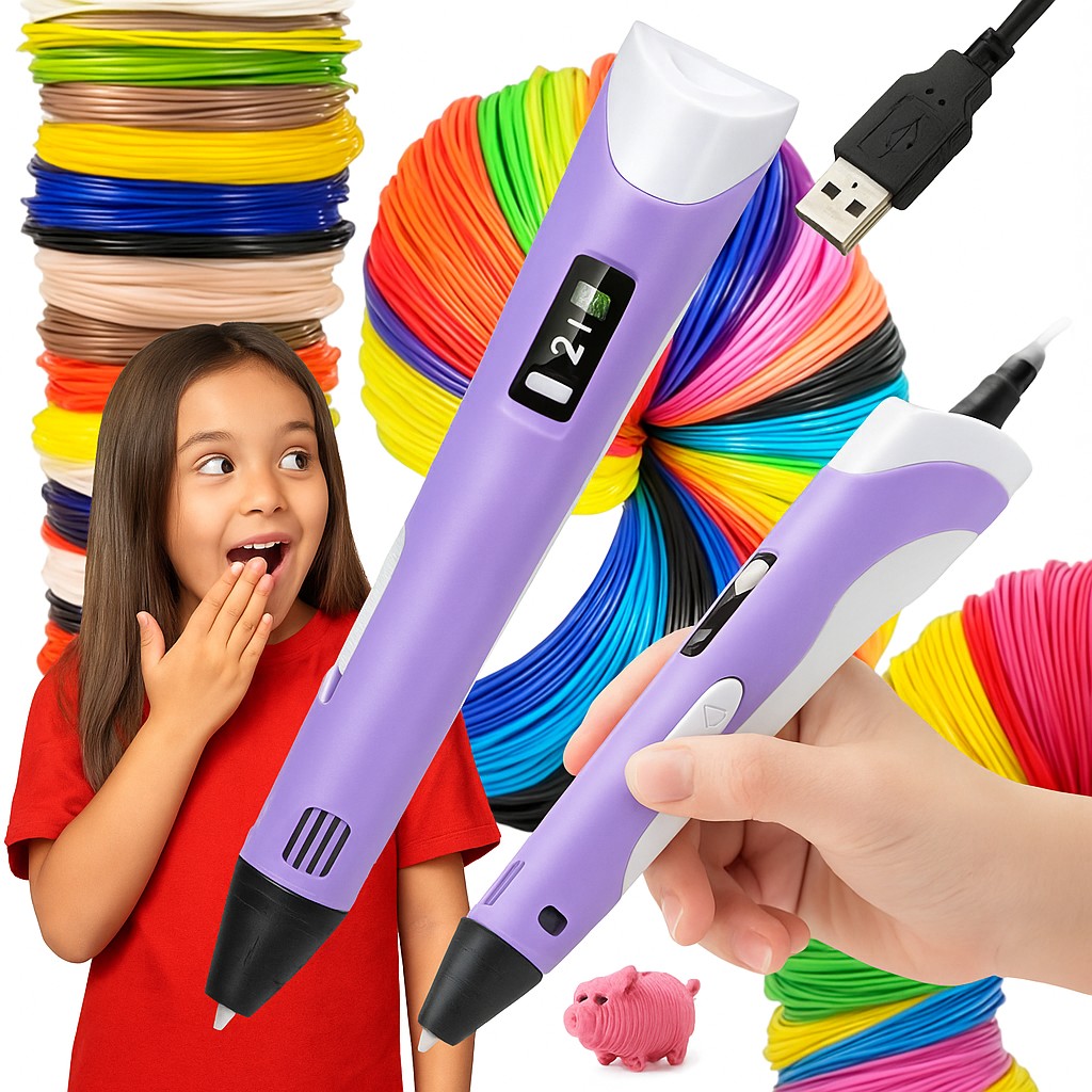 DŁUGOPIS DRUKARKA 3D PEN ZESTAW + WKŁADY 9 METRÓW FIOLET