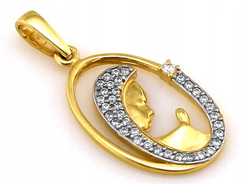 Zlatý medailonek 585 Matka Boží v oválu s bílými zirkony 1.66 g pro svaté přijímání